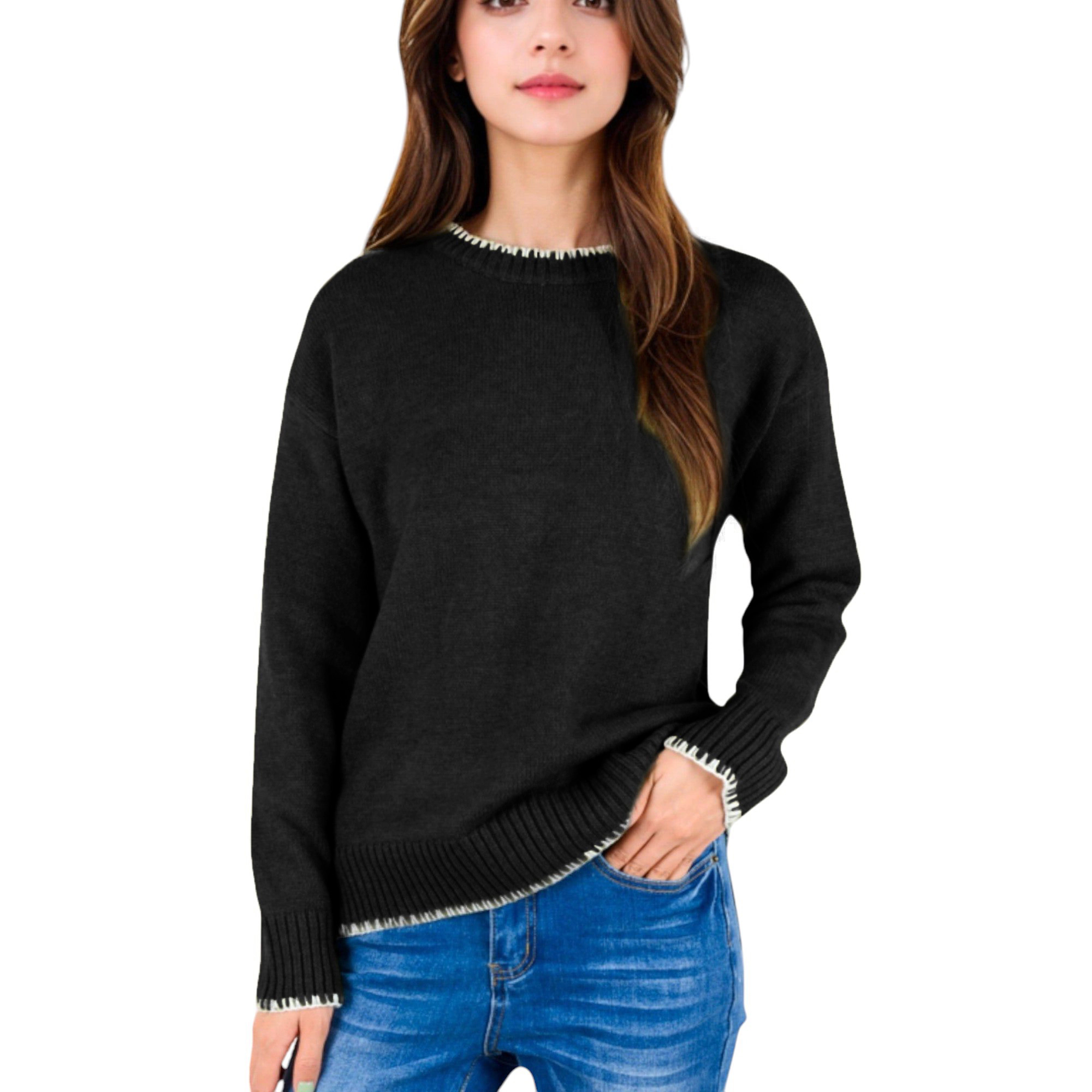 Anna-Kaci Women's Crew Neck Knit Sweater with Contrast Trim and Ribbed Hem