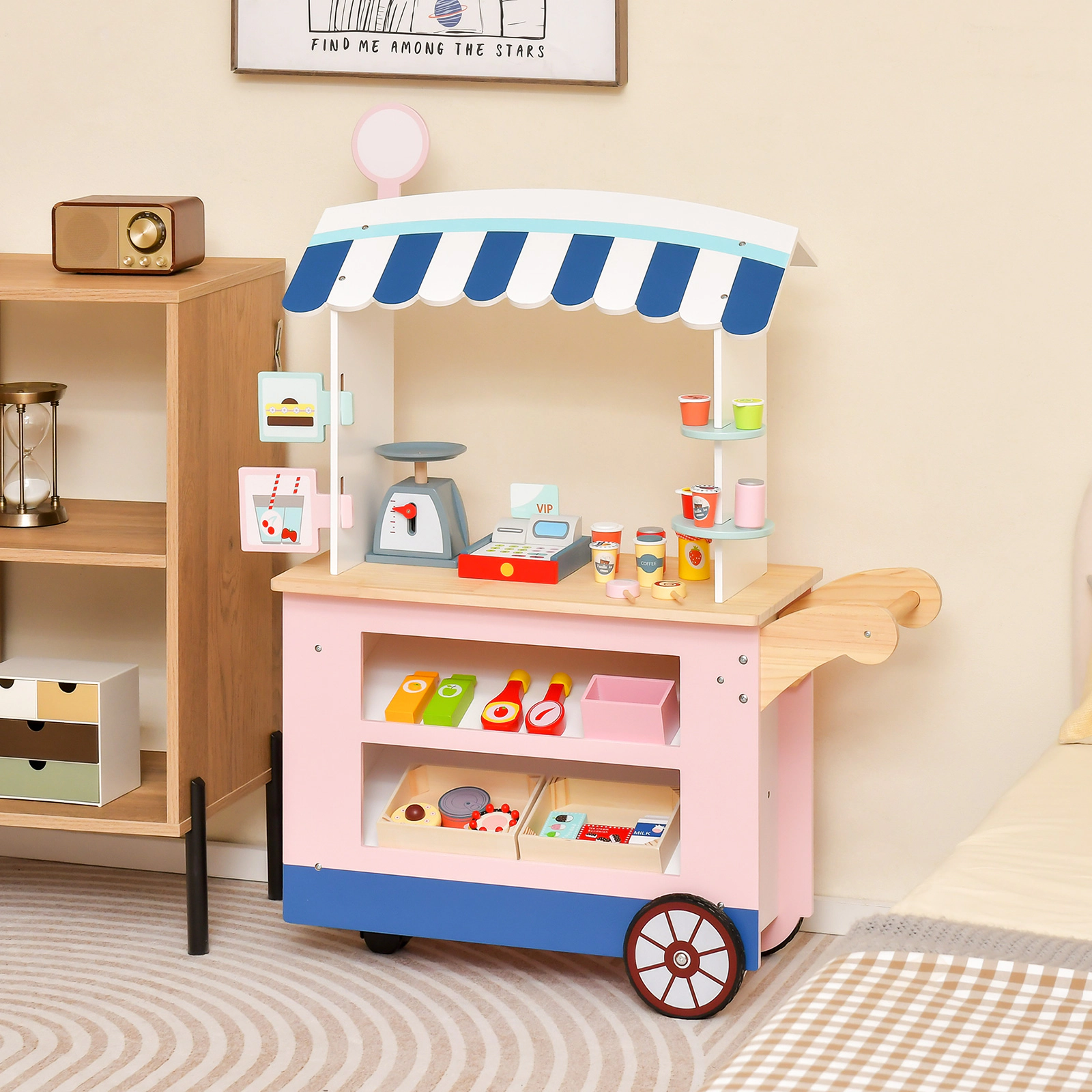 Wooden Toy Market Cart POS Machine Scale Canopy 30-pc Accessories 29.5-in Kids Grocery Store Stand on Wheels Ages 3+
