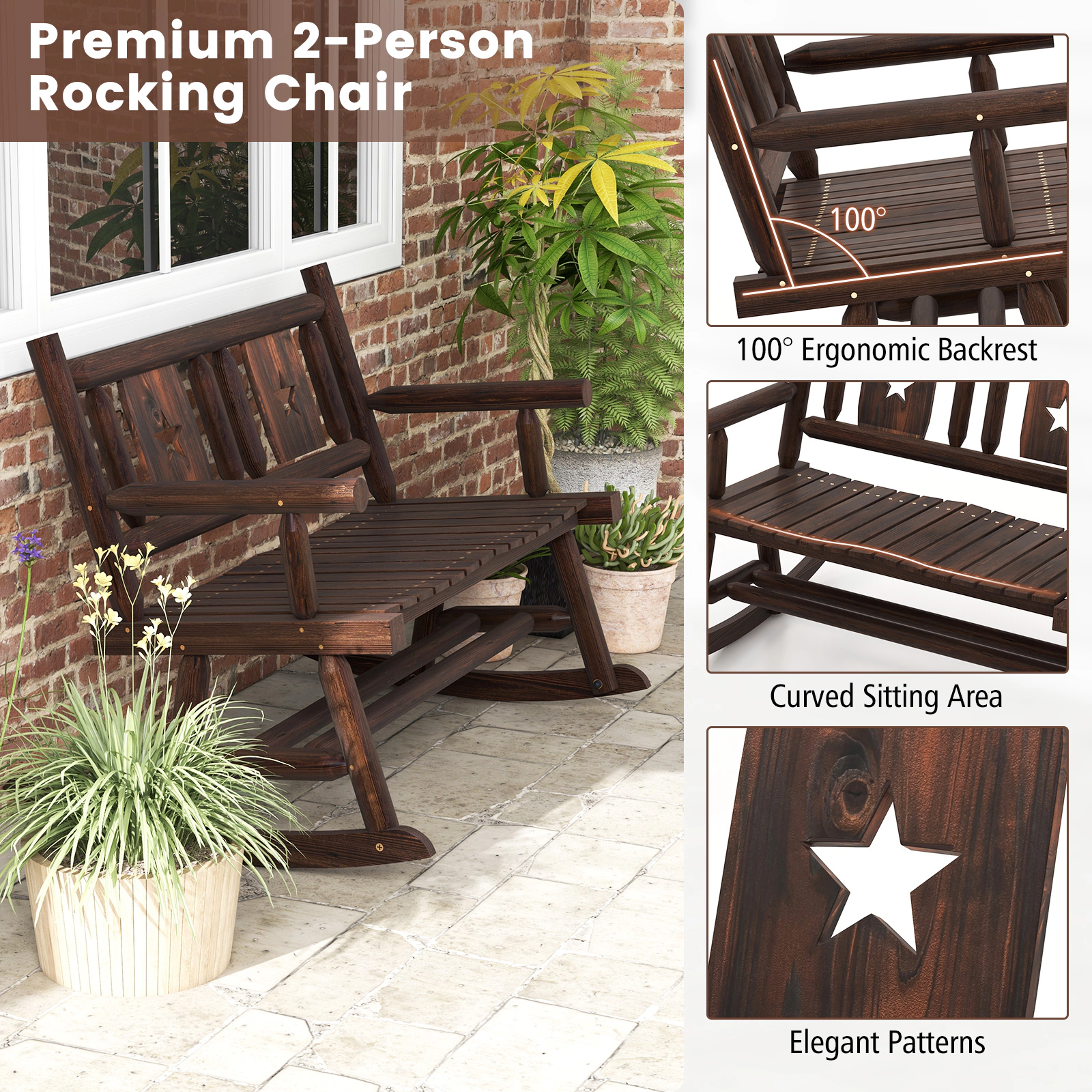 SUGIFT Outdoor Carbonized Wood Patio Rocking Bench Double Rocker Loveseat 710-lb Capacity Rustic Brown
