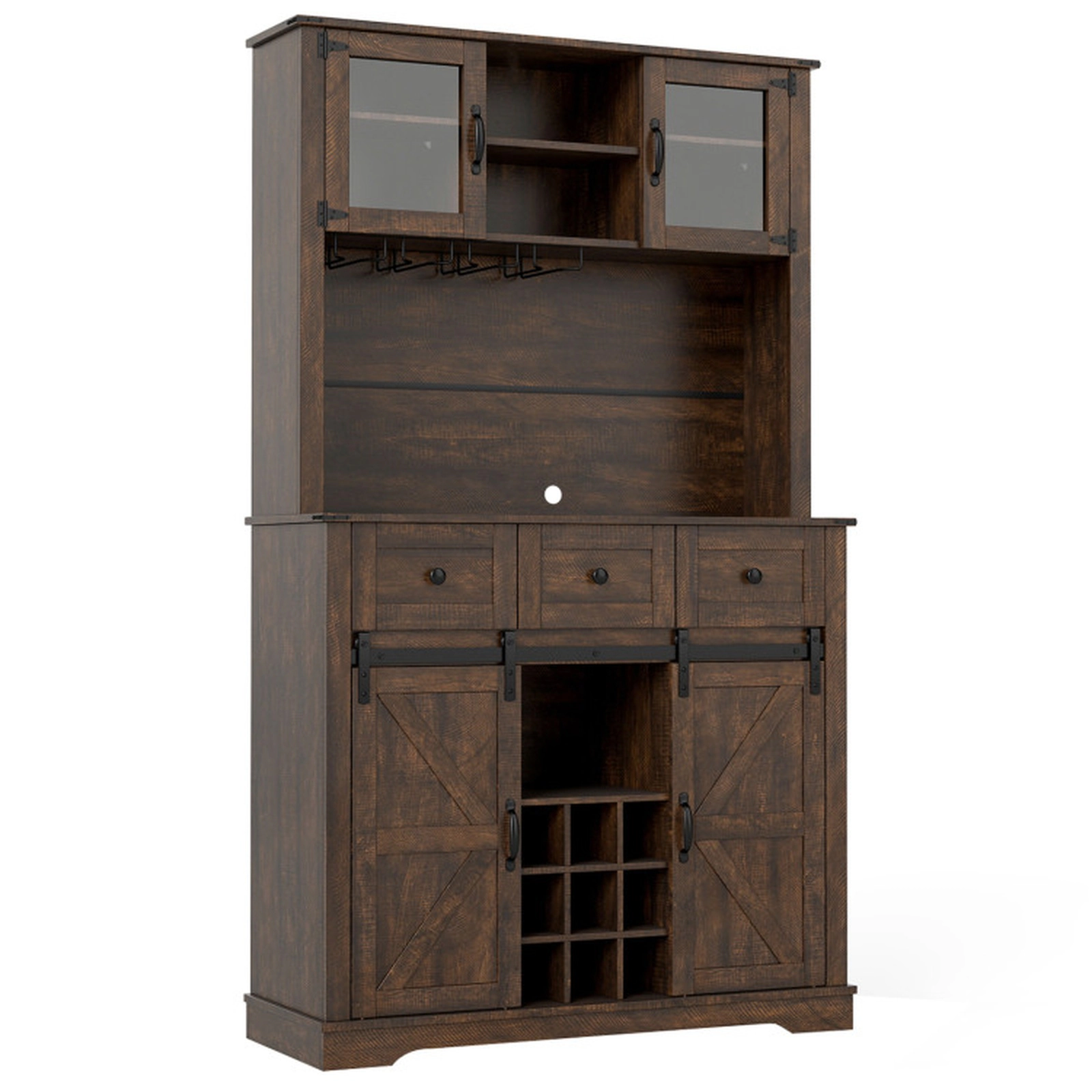 SUGIFT Coffee Bar Sideboard Cabinet with Glass Hutch Drawers Wine Rack 150-lb Countertop Capacity Brown