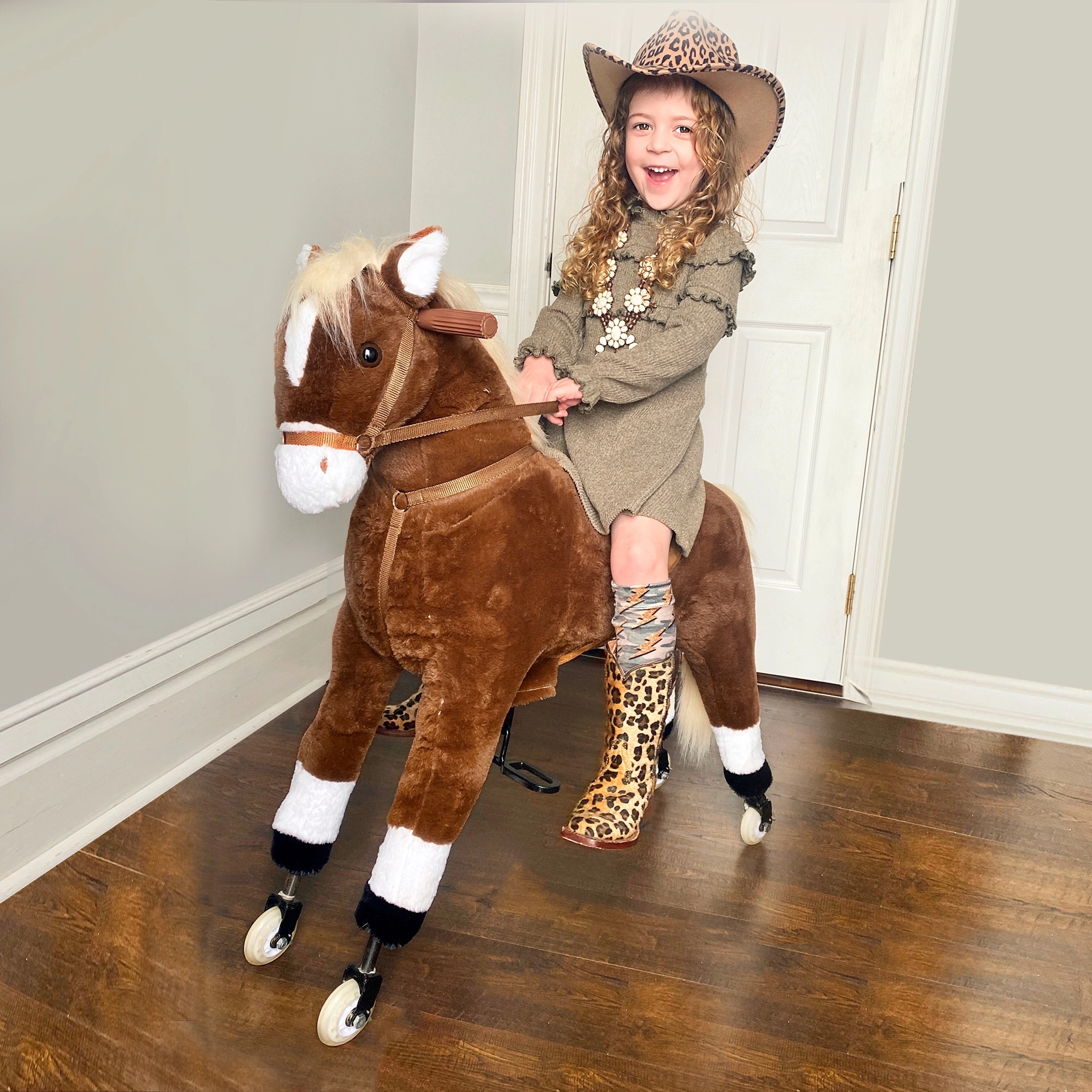 HONGGE Kids Ride-On Walking Horse with Pedal-Powered Wheels, Plush Huggable Body & Saddle, Large Size for Ages 5+