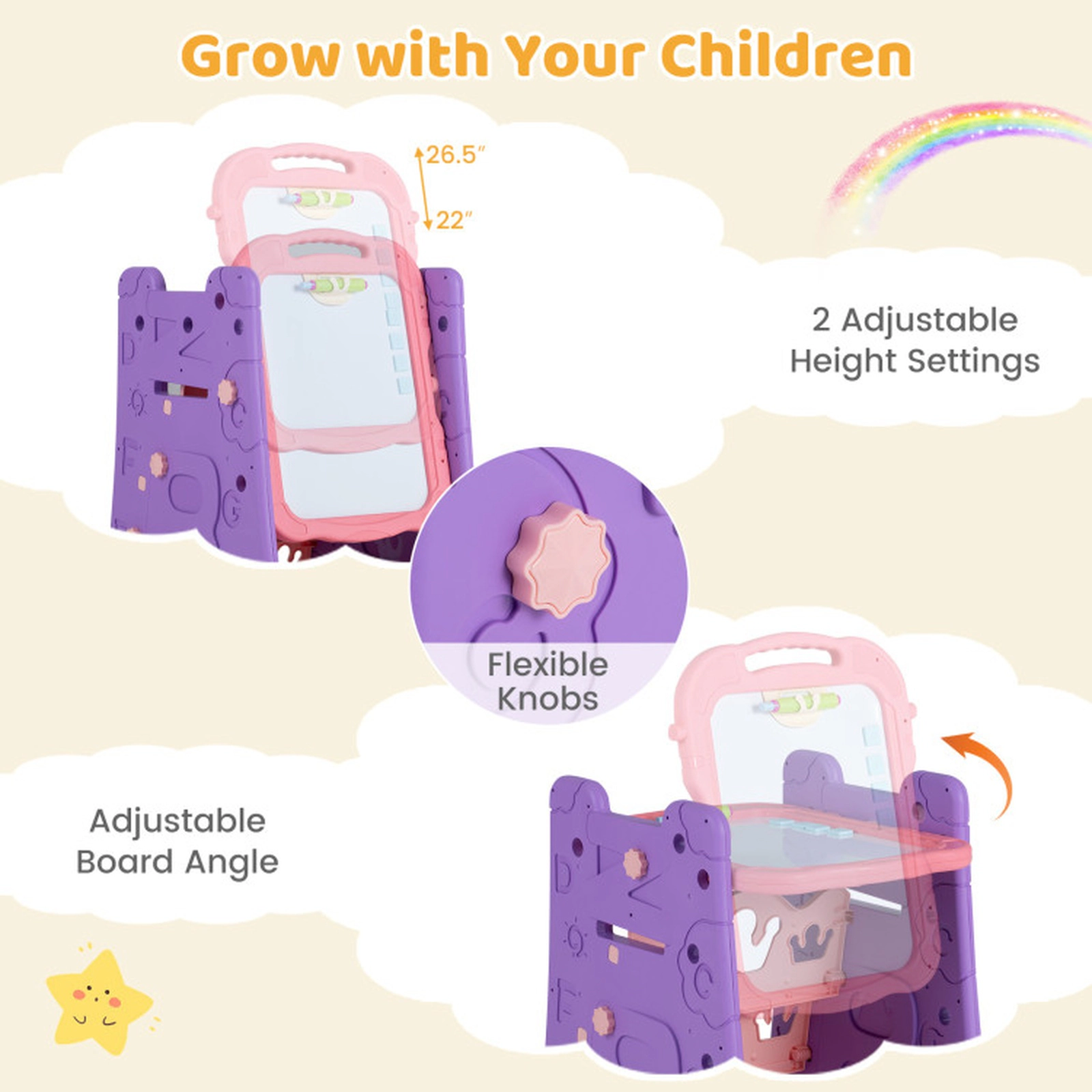 SUGIFT 4-in-1 Adjustable Art Easel for Kids with Double-Sided Magnetic Whiteboard and Blackboard Pink & Purple