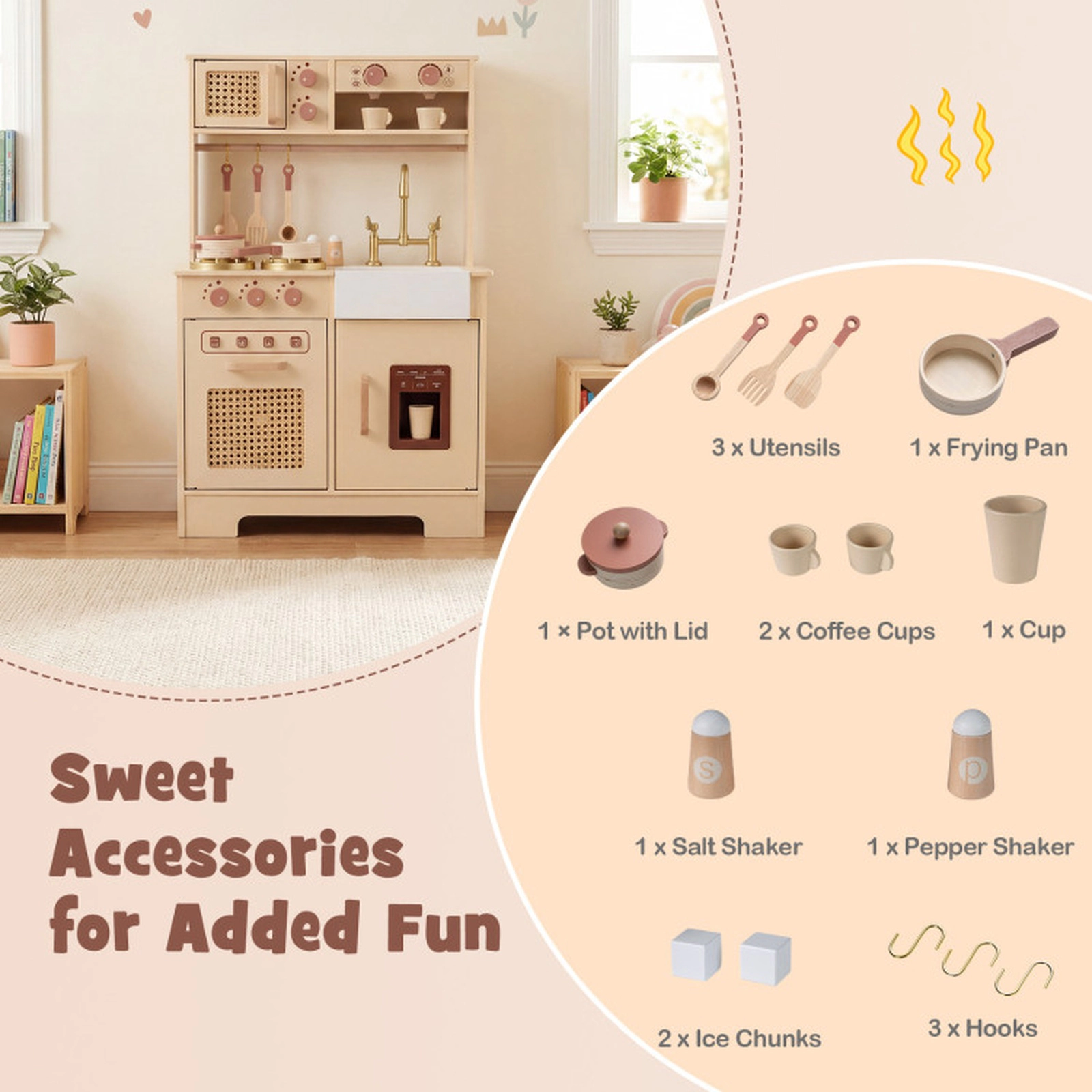 SUGIFT Yellow Ice Machine Coffee Maker and Rattan Accents Kids Wooden Chef Play Kitchen