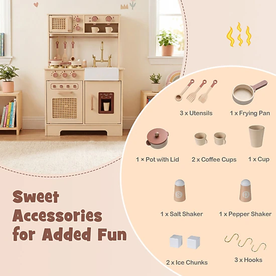 SUGIFT 23.5-in Yellow Wooden Kids Kitchen Playset with Ice Machine Coffee Maker and Rattan Accents 19.5-in Counter