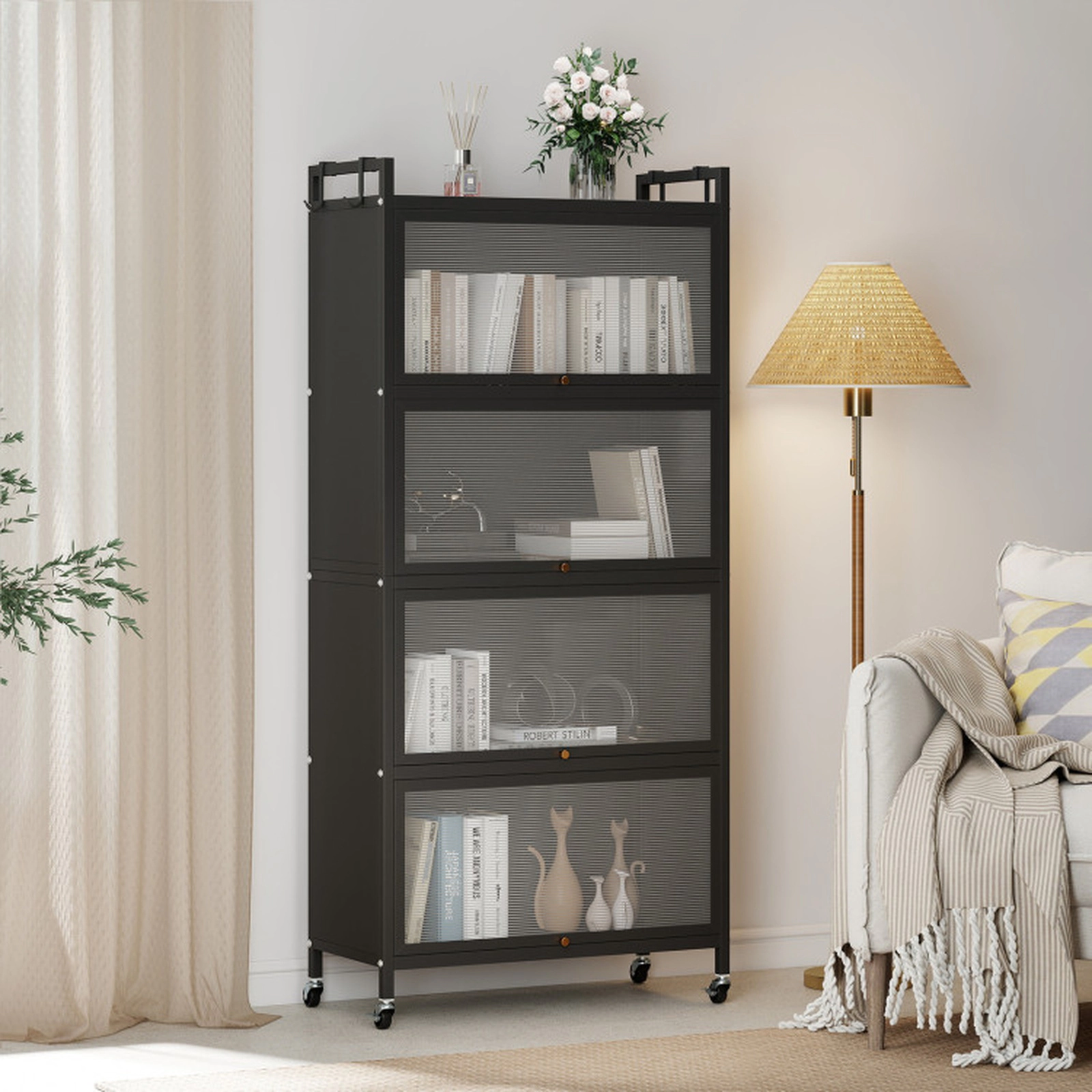 SUGIFT 5-Tier 45-lb Per-Tier 60-in Black Storage Cabinet with 4 Flip-Up PC Doors Rolling Wheels and Guardrails