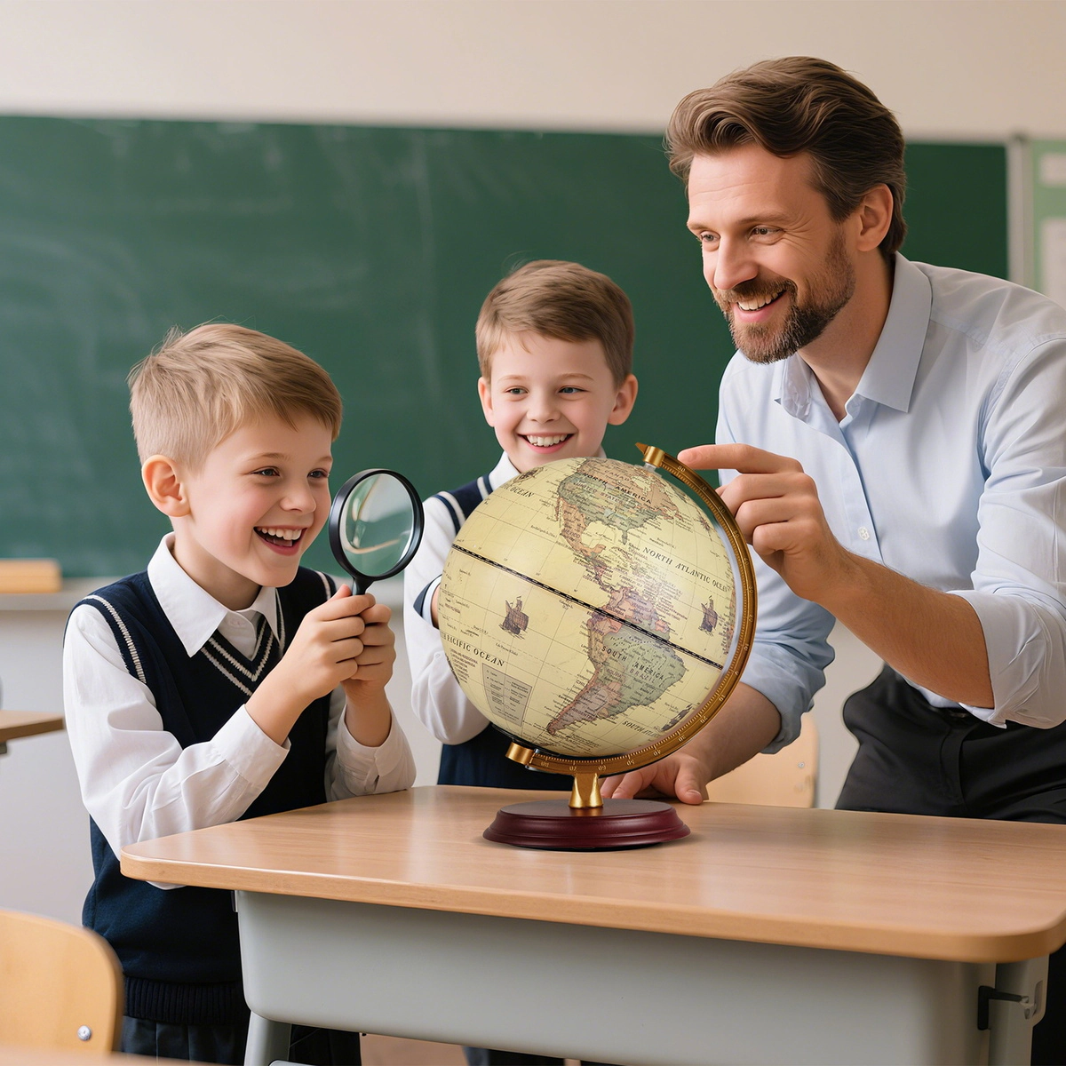 SUGIFT Kids Antique Style LED Light Up Wooden Stand World Globe 8-in Diameter 8.5-in x 8.5-in x 10.5-in Bronze