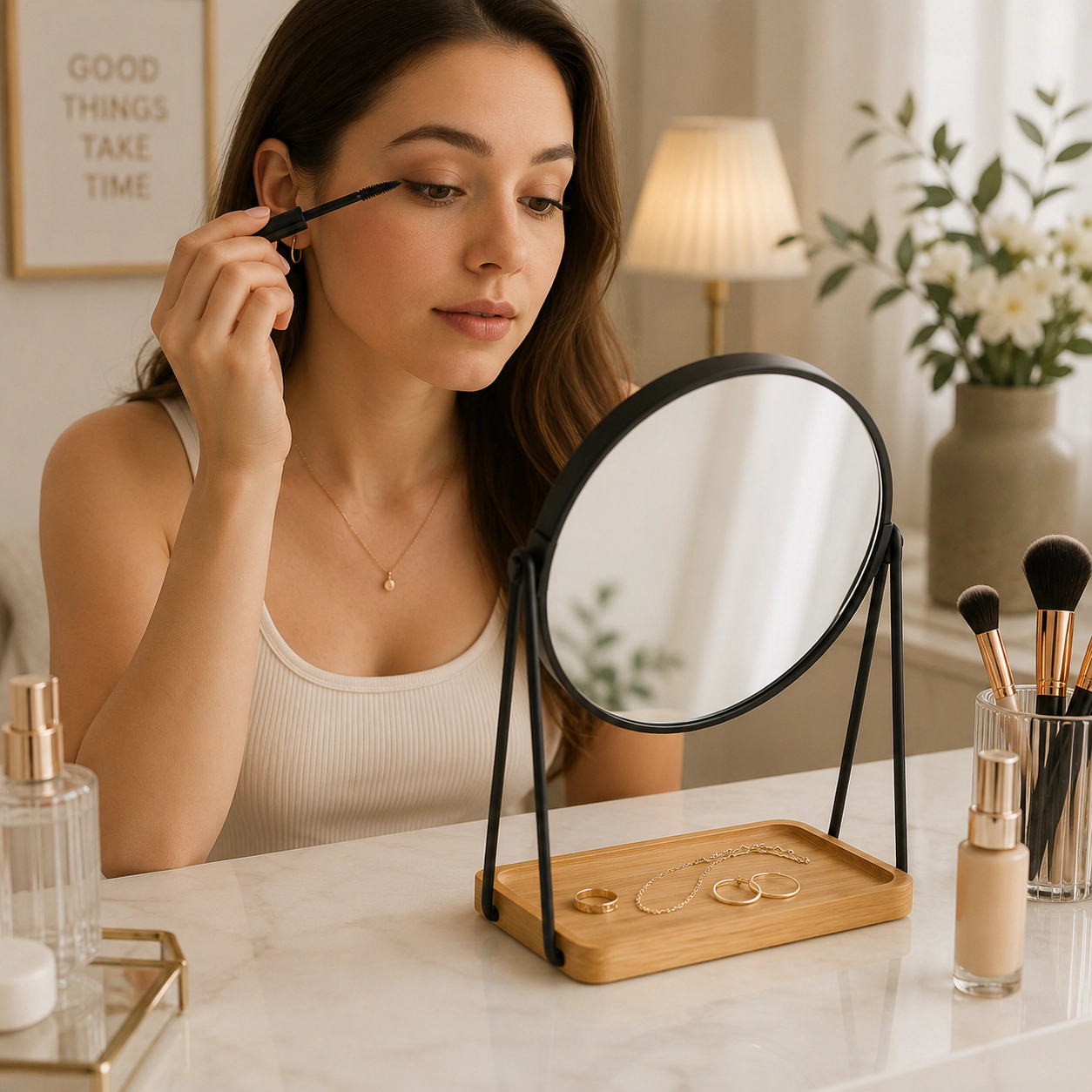 Pursonic Women’s Dual Magnification Vanity Makeup Mirror with Bamboo Tray Organizer Dual Side Mirror