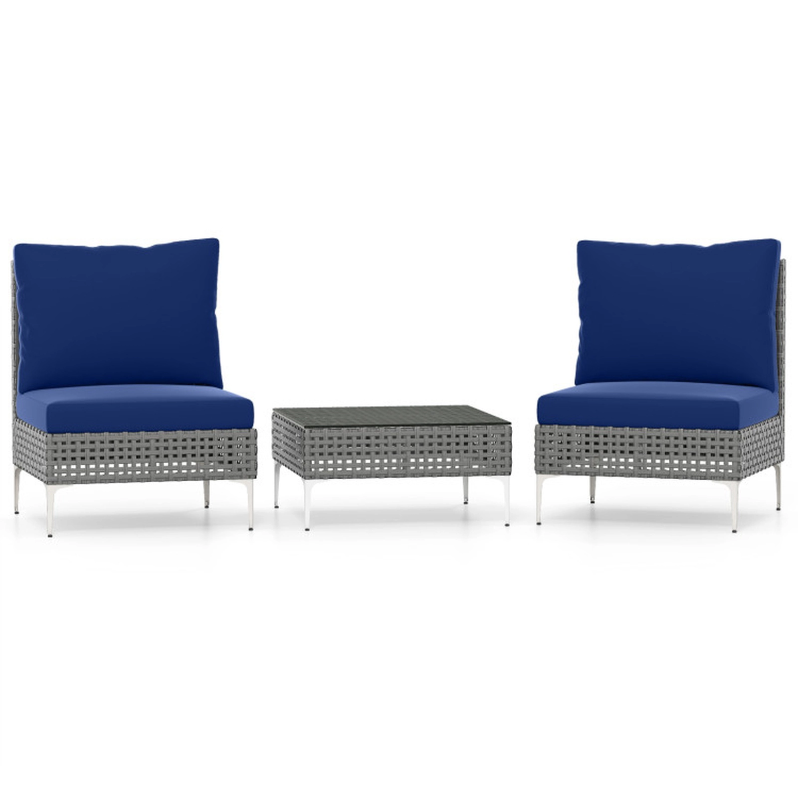 SUGIFT Conversation Chairs and Tempered Glass Coffee Table 400-lb Chairs 100-lb Table Gray Rattan Blue Cushions