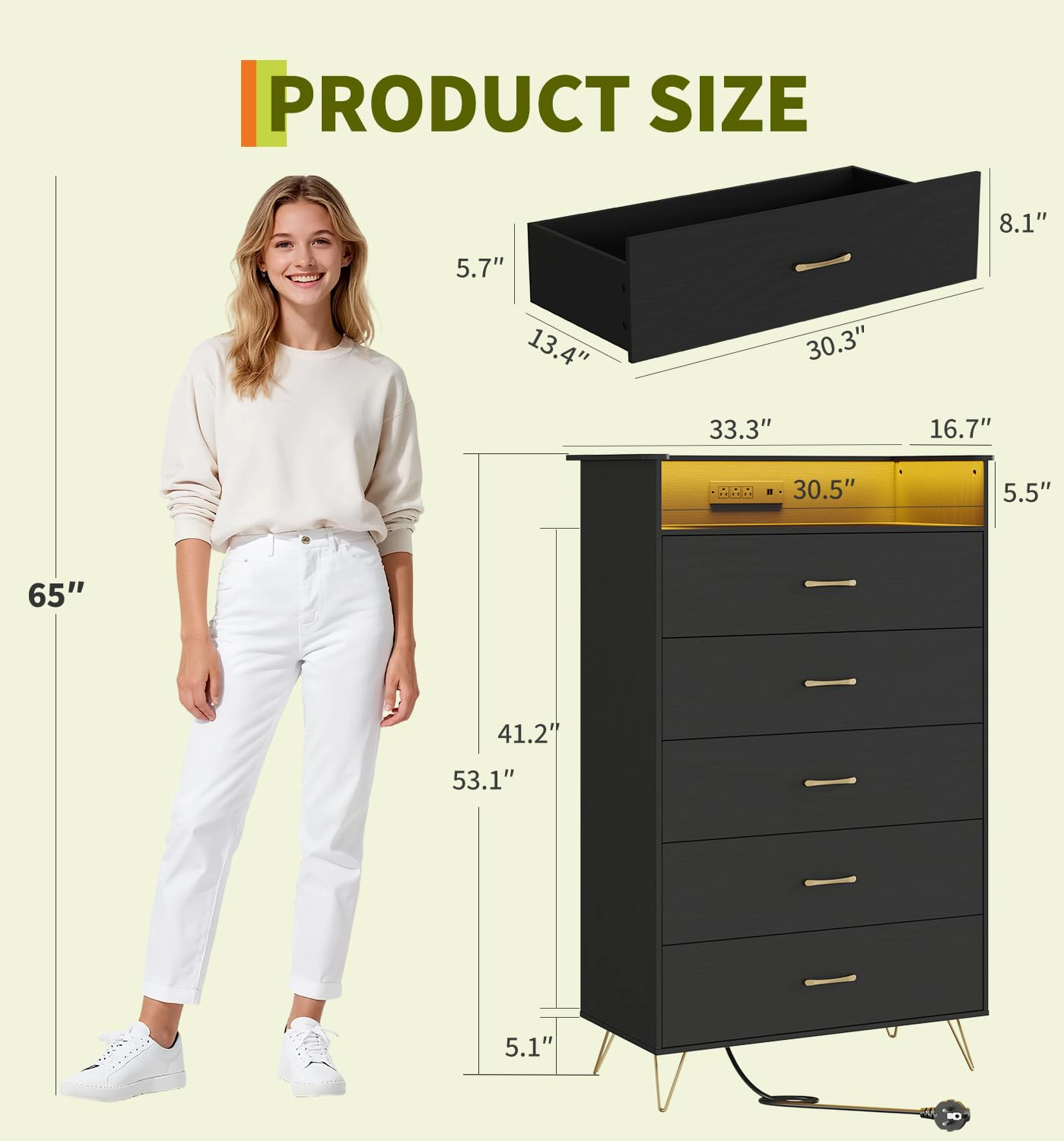 53" Tall 5 Drawer Dresser with RGB LED Lights & Charging Station, App Controlled Wood Chest