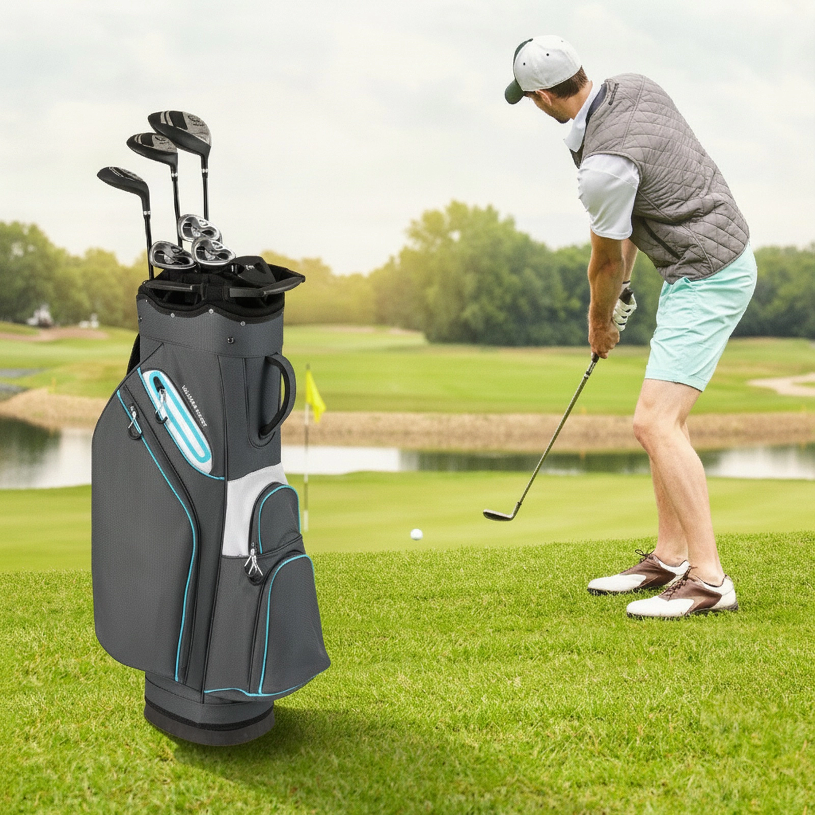 Lightweight Golf Cart Bag 14-Way Top 6 Zippered Pockets Cooler Pocket Removable Rain Hood Padded Strap Gray