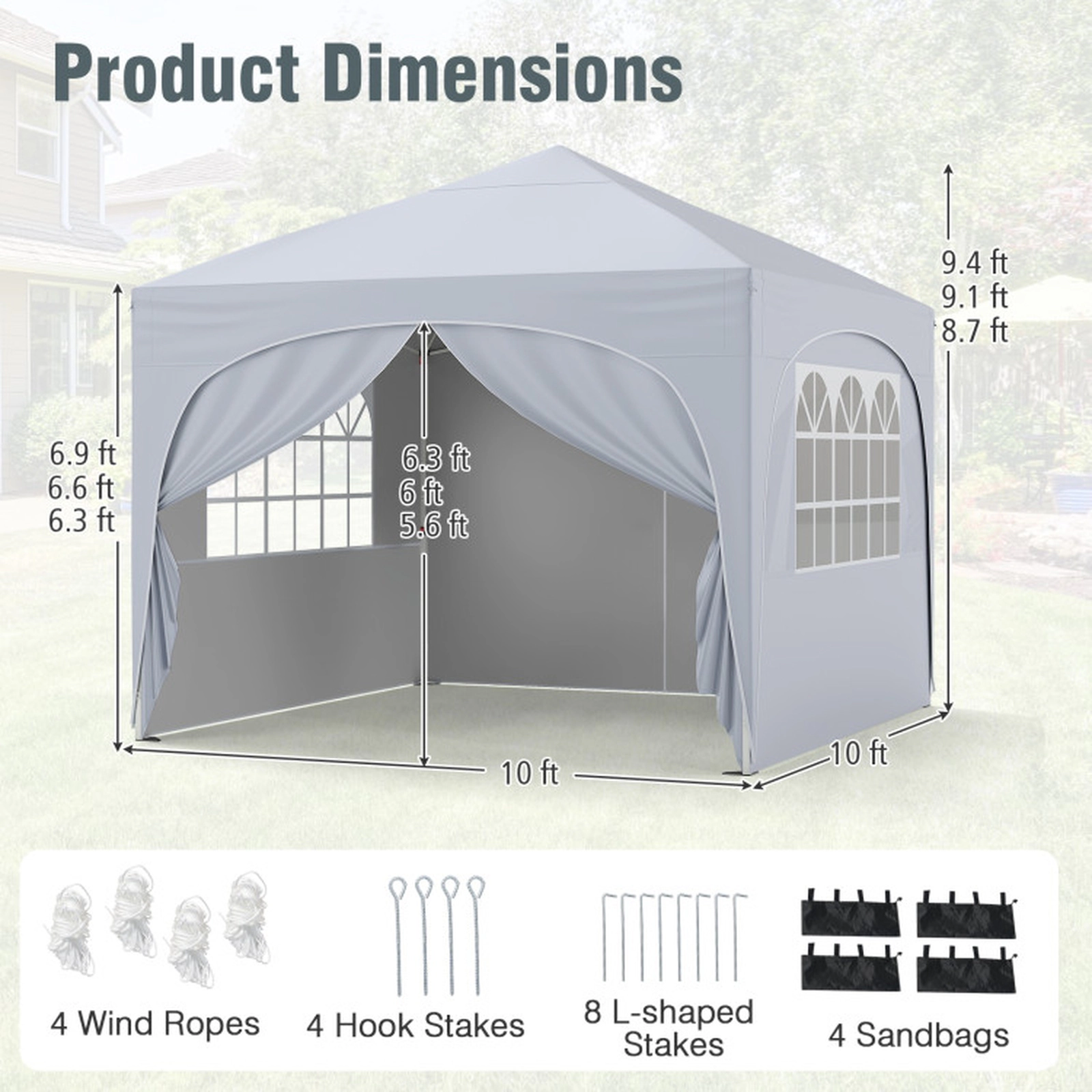 SUGIFT White 10-ft by 10-ft 3-Level UPF50+ Water-Repellent Oxford Pop Up Canopy Tent with 4 Removable Sidewalls