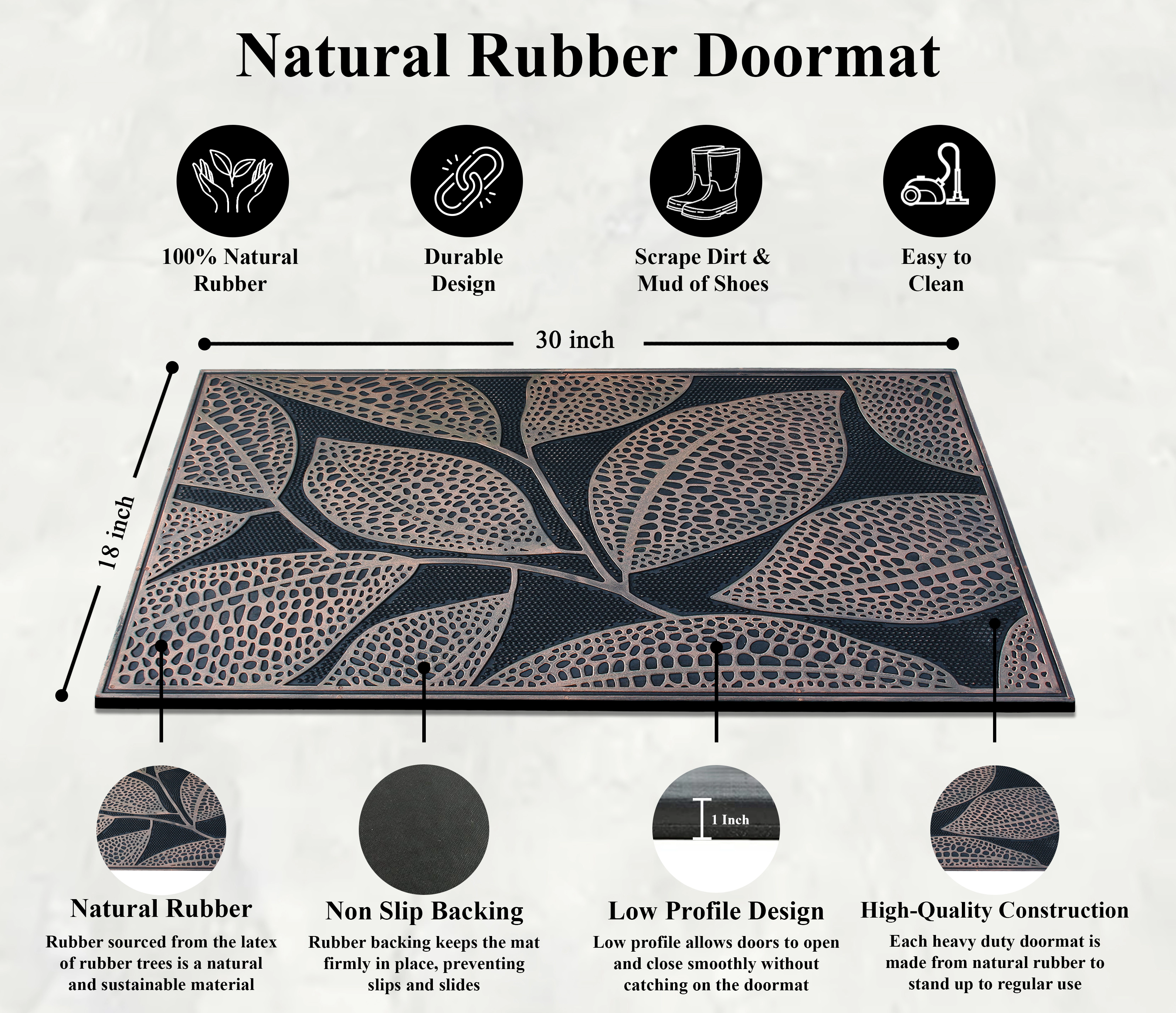 A1 Home Collections Pin Mats Copper Leaves Rubber Welcome Doormat Non-Slip Front Door Mat 18 x 30 In