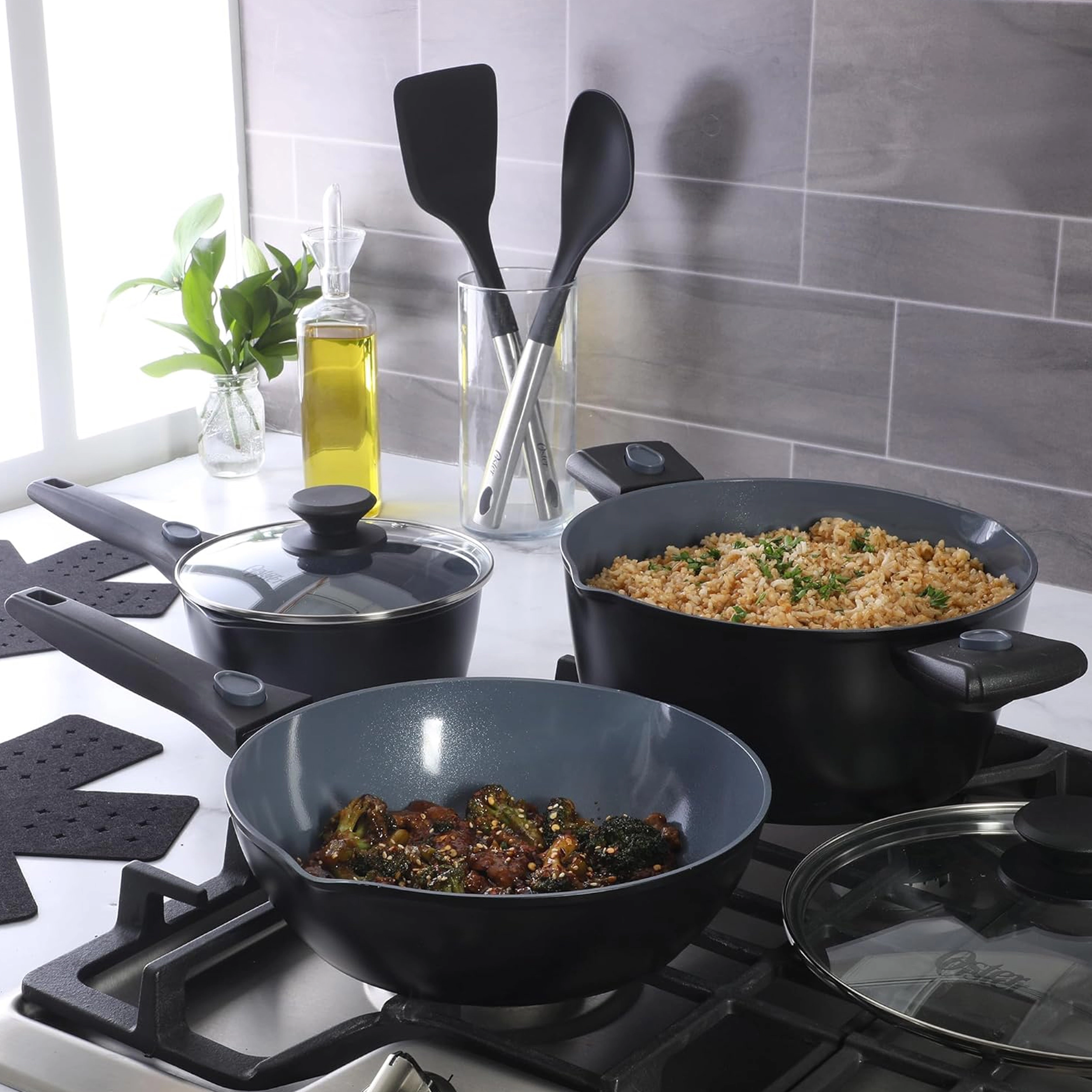 Oster SmartHandle Advance 13 Piece Nonstick Cookware Combo Set in Matte Black Grey