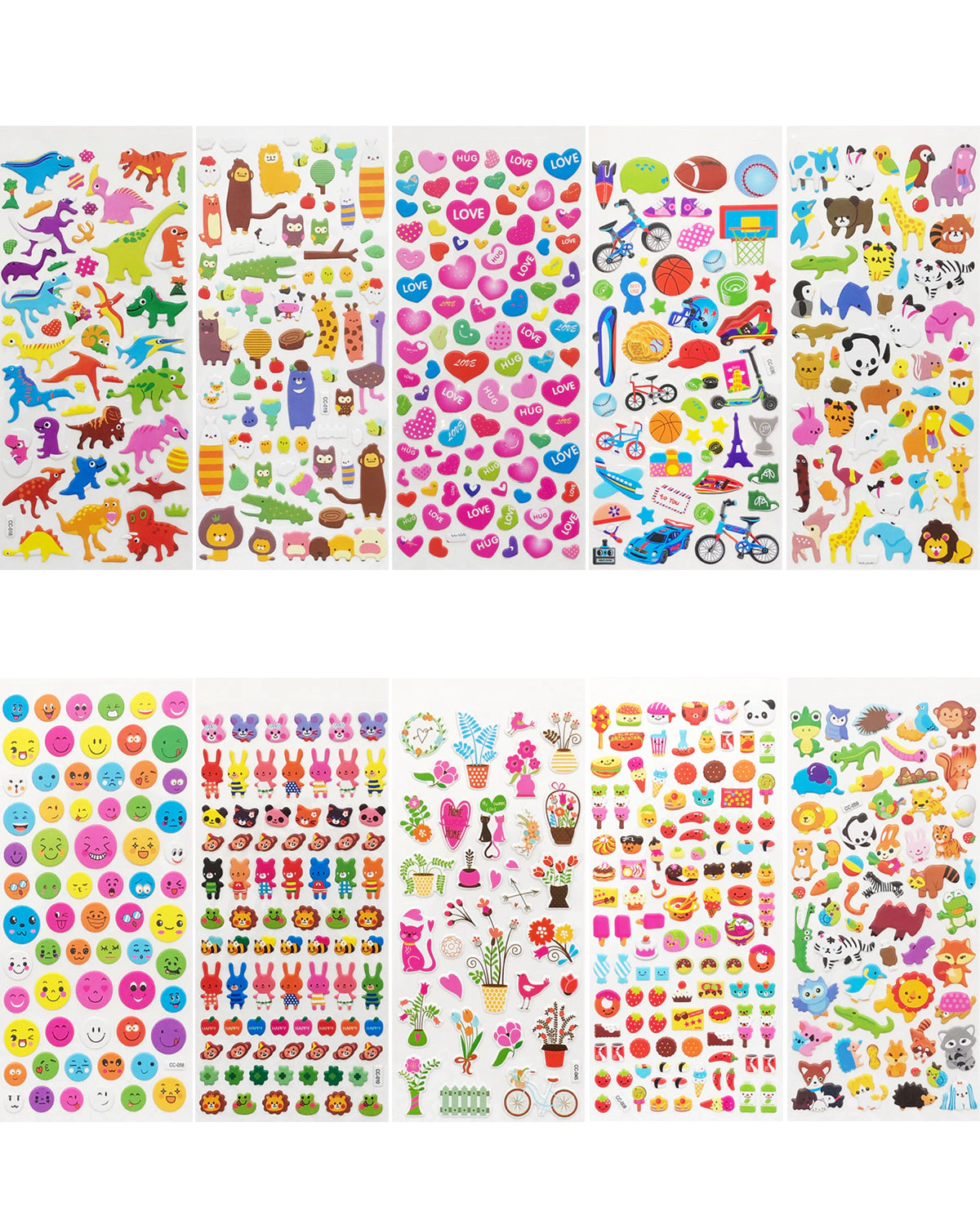 Wrapables 3D Puffy Stickers Bubble Stickers for Crafts & Scrapbooking, (10 Sheets) Dinosaurs Animals Hearts Food