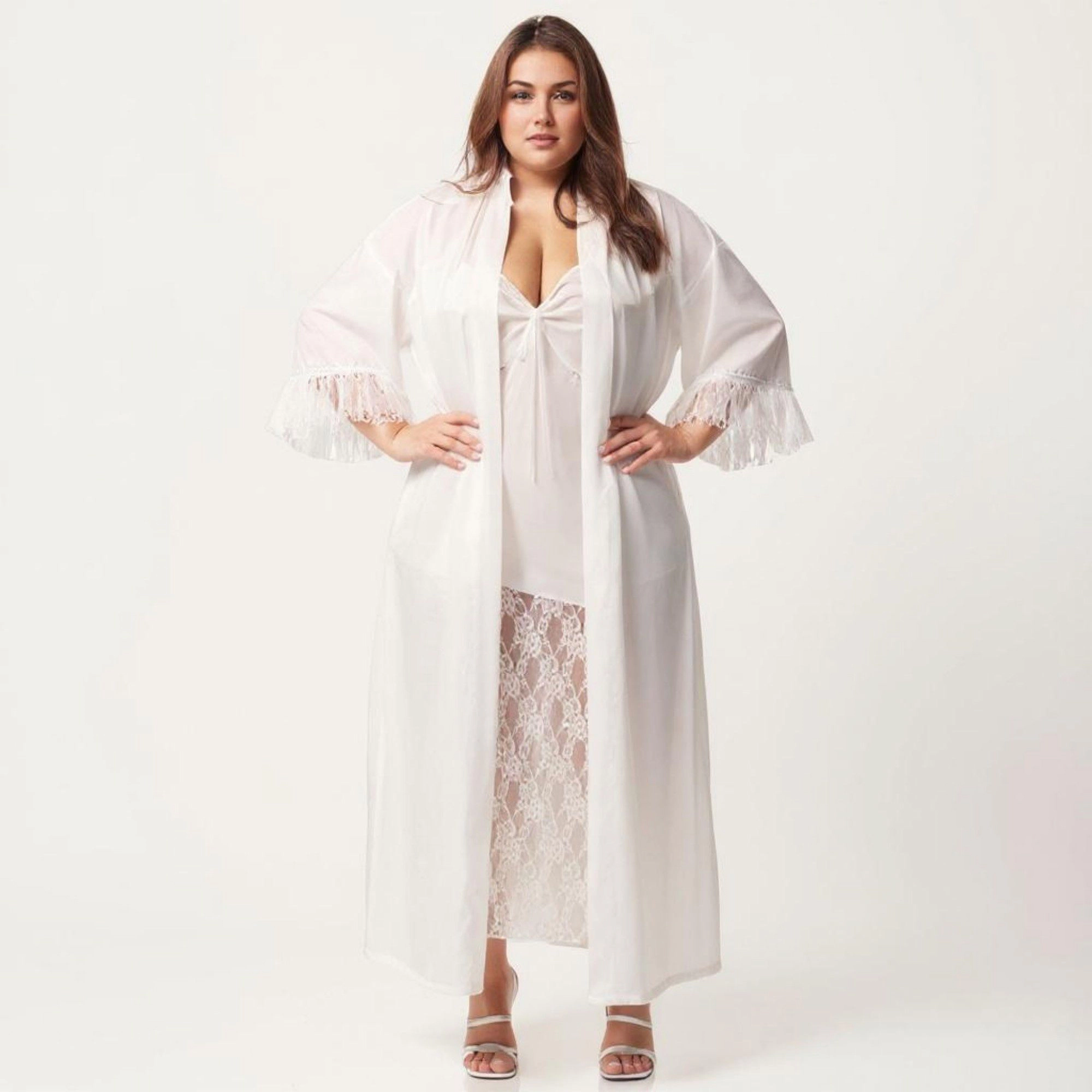Anna-Kaci Women's Plus Long Sheer Lace Panel Robe Open Front Lightweight Sleepwear