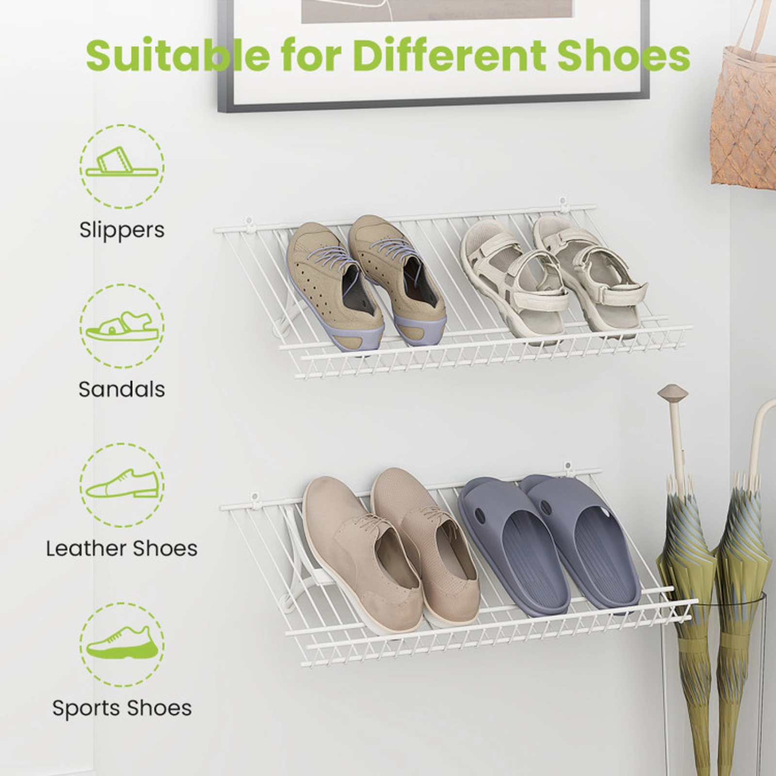 SUGIFT Set of 2 White Wall Mounted Metal Wire Shoe Rack Closet Shelves 24-in W 12-in D 11-lb Per Shelf