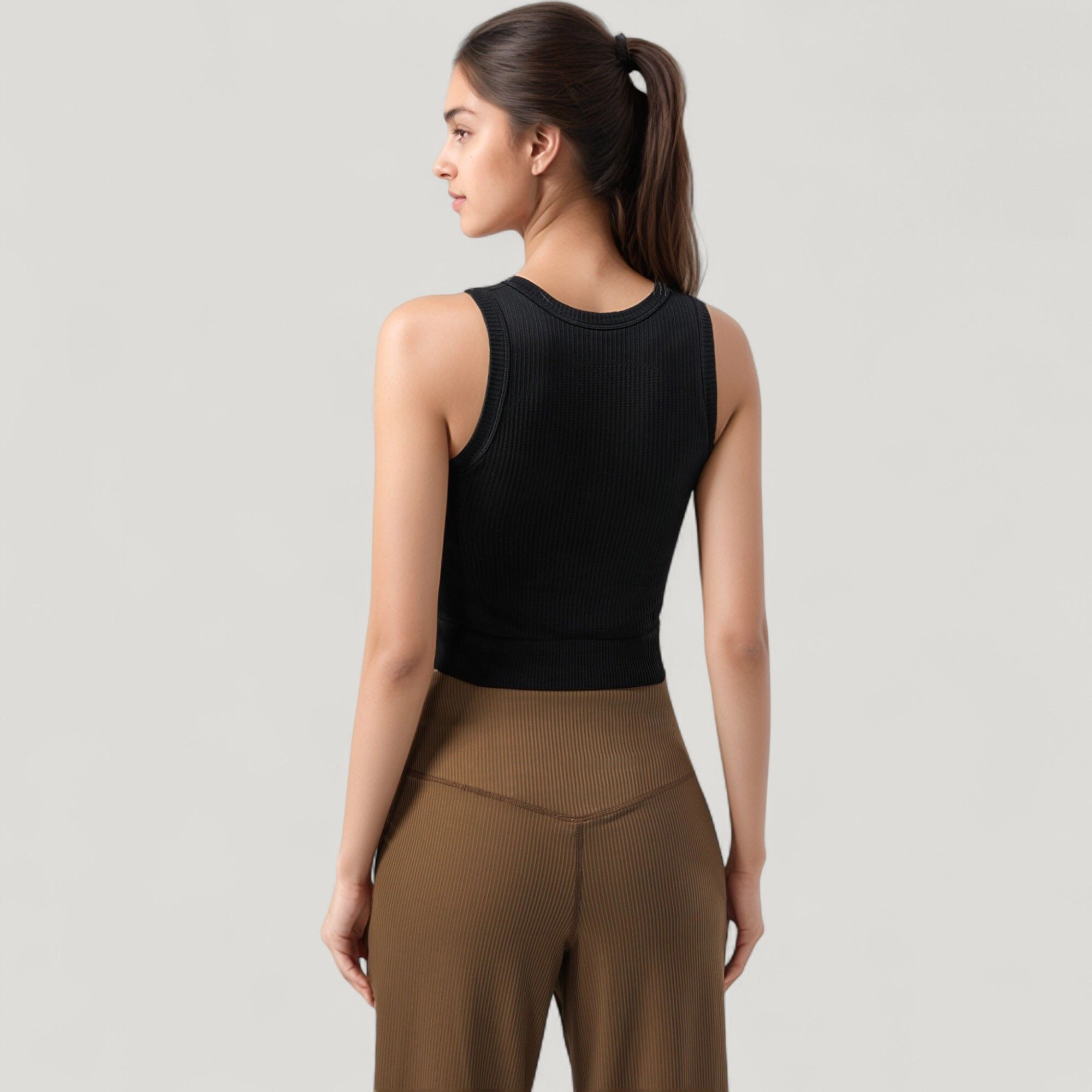 Anna-Kaci Women's Ribbed High Neck Sleeveless Crop Top with Seam Detail