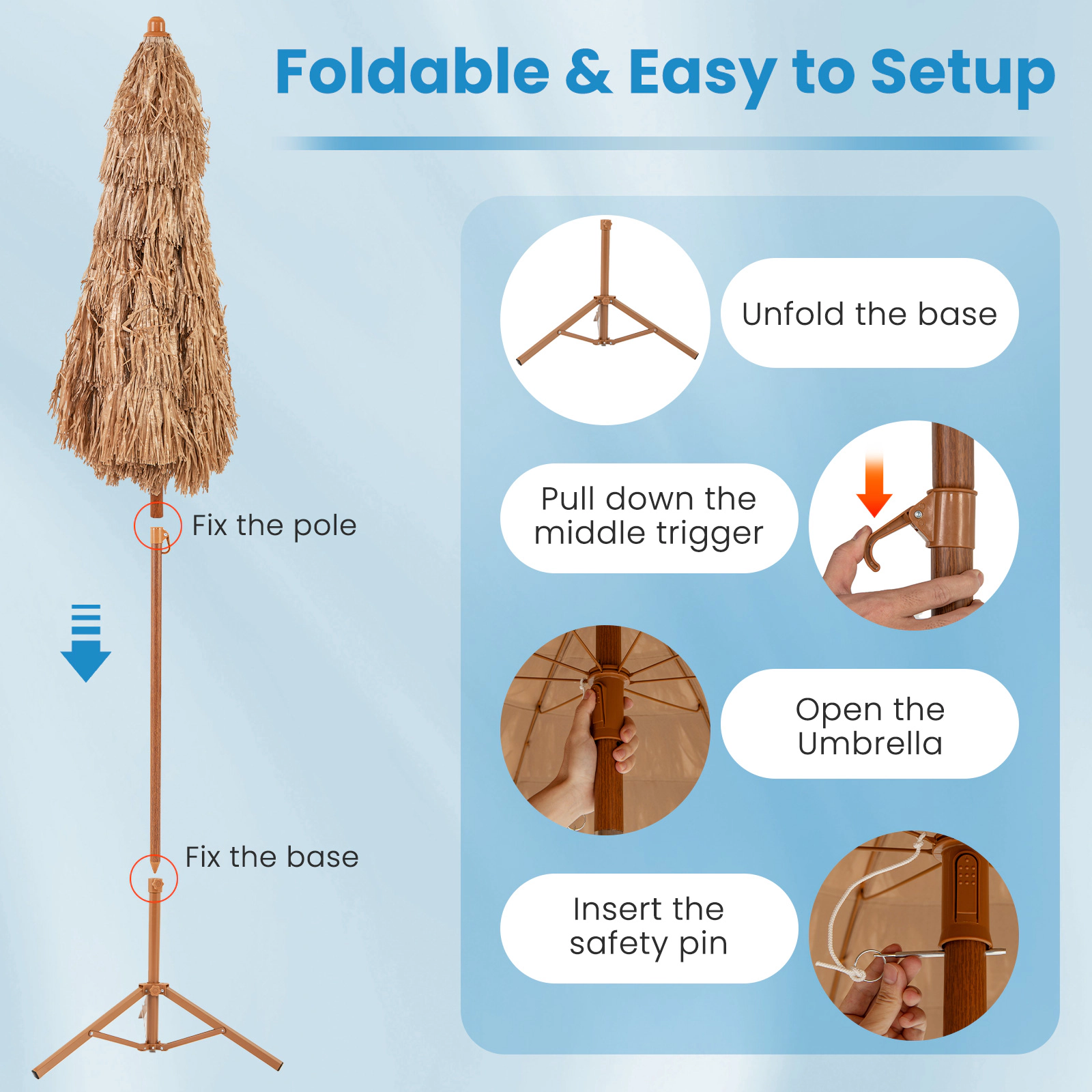 SUGIFT Thatched Tiki Umbrella with Foldable Stand and Push Button Tilt 6.5-ft Canopy Natural
