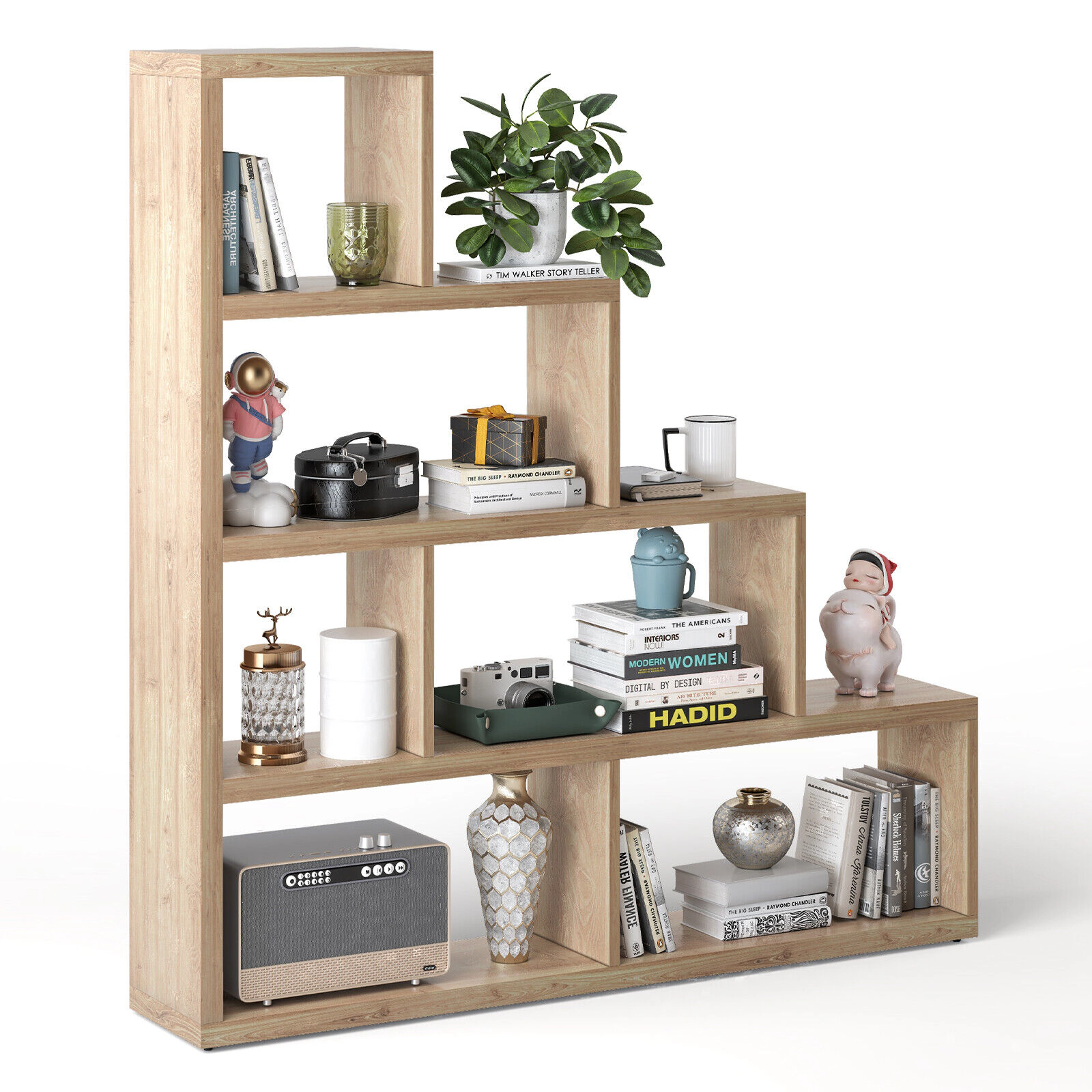 SUGIFT 4-Tier Geometric Stair Bookcase with 6 Open Cubes 400-lb Capacity Engineered Wood 60-in Tall Natural