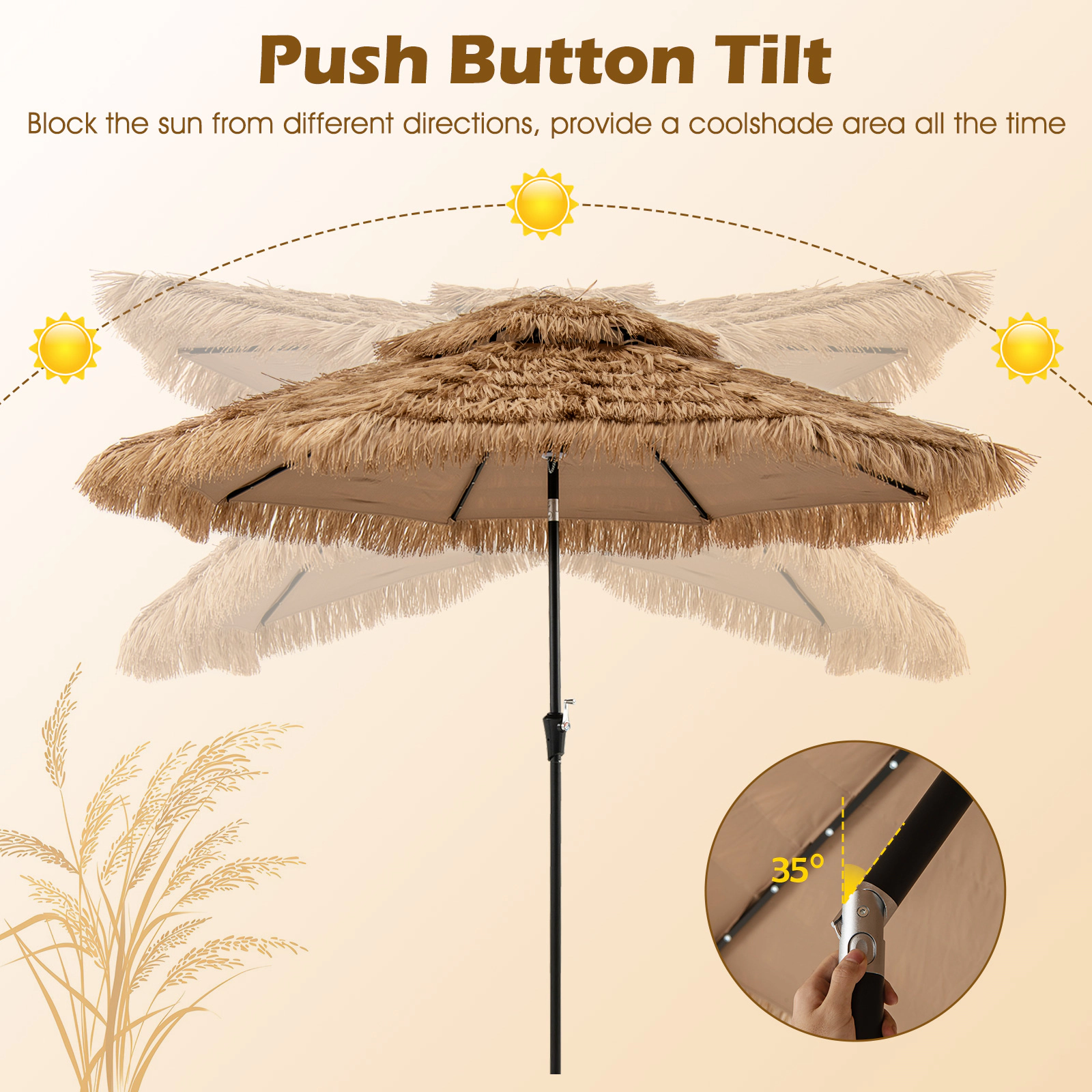 SUGIFT 10-ft Natural Thatched Tiki Patio Umbrella with Solar LED Lights 11-Tier Hawaiian Canopy and Crank