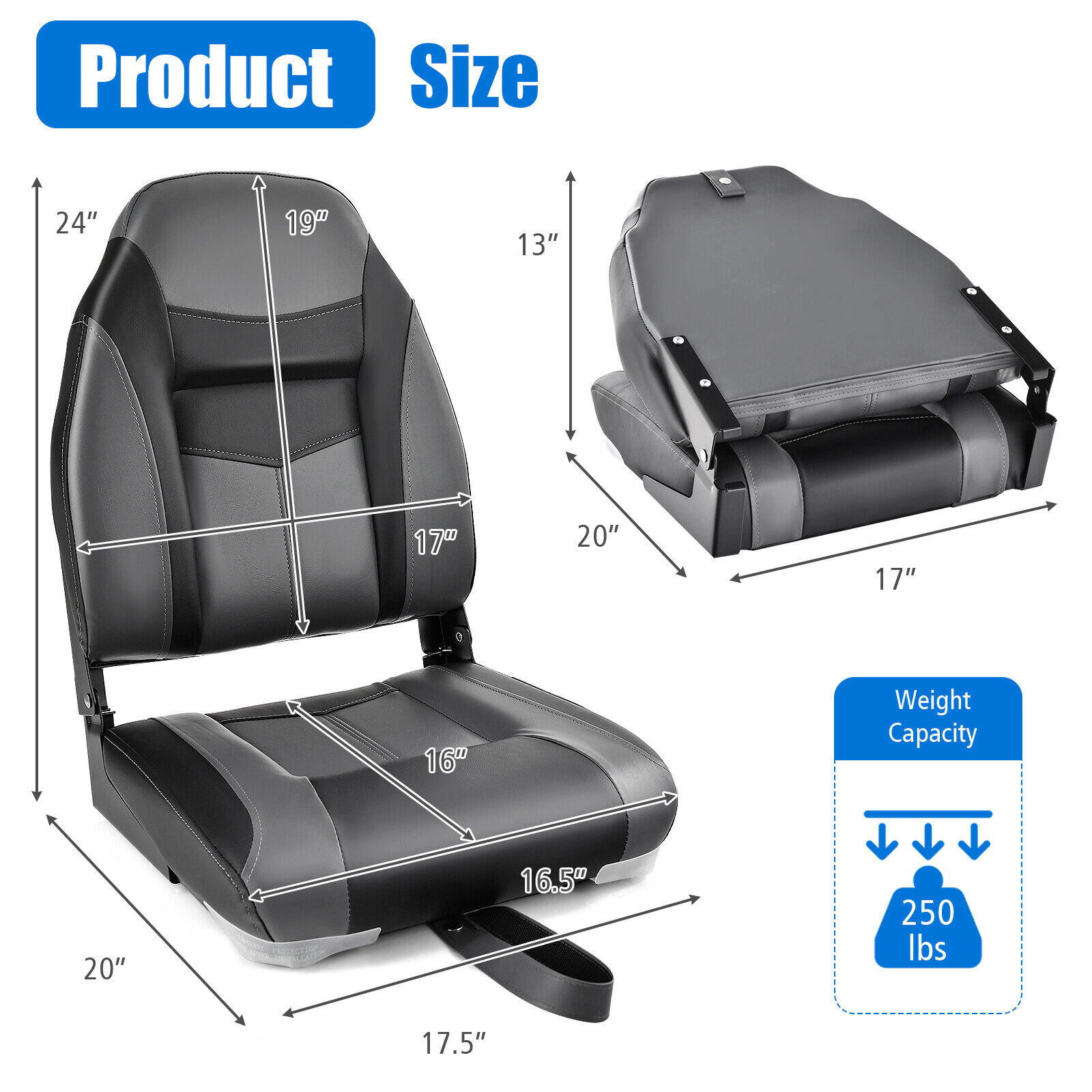 SUGIFT Black High Back Folding Boat Seat with Aluminum Hinges 17.5-in W 20-in D 24-in H 250-lb Chair Capacity