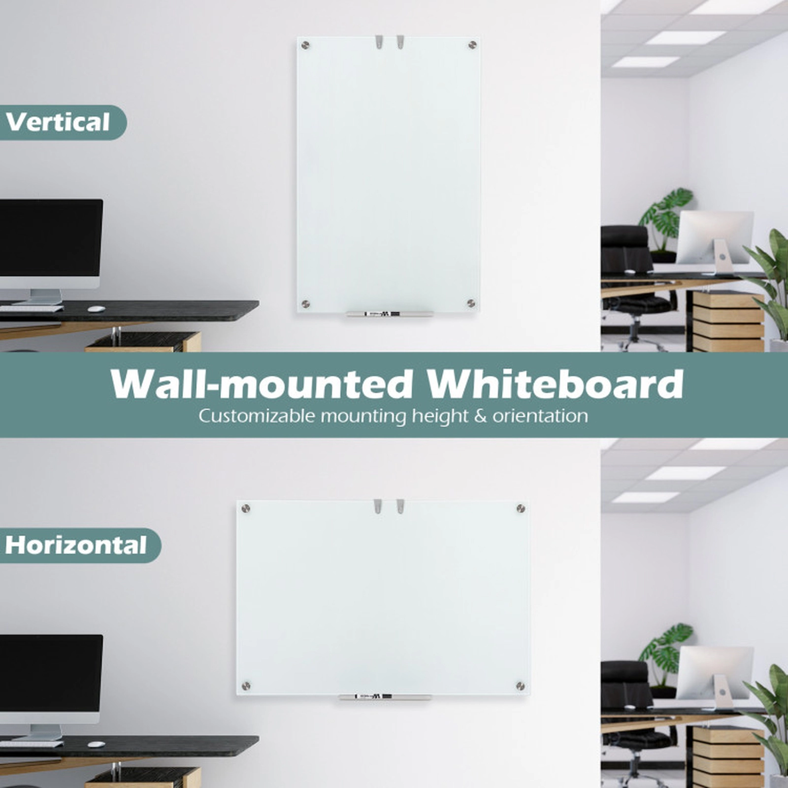 SUGIFT 36-in x 24-in 4-mm Frameless Magnetic Glass Whiteboard with Eraser and Removable Marker Tray