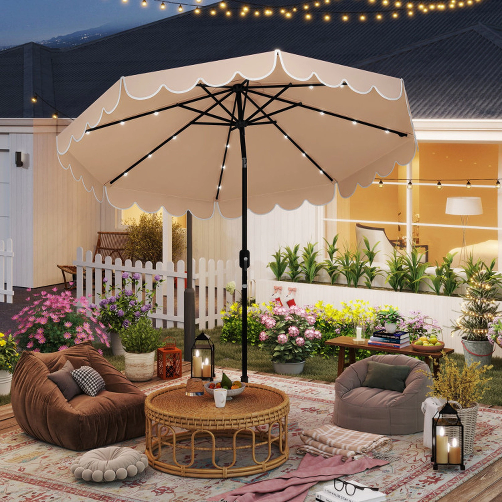 SUGIFT 10 ft Beige Solar LED Patio Umbrella, 24 Lights, 8 Ribs, Ruffled Edge, Push-Button Tilt
