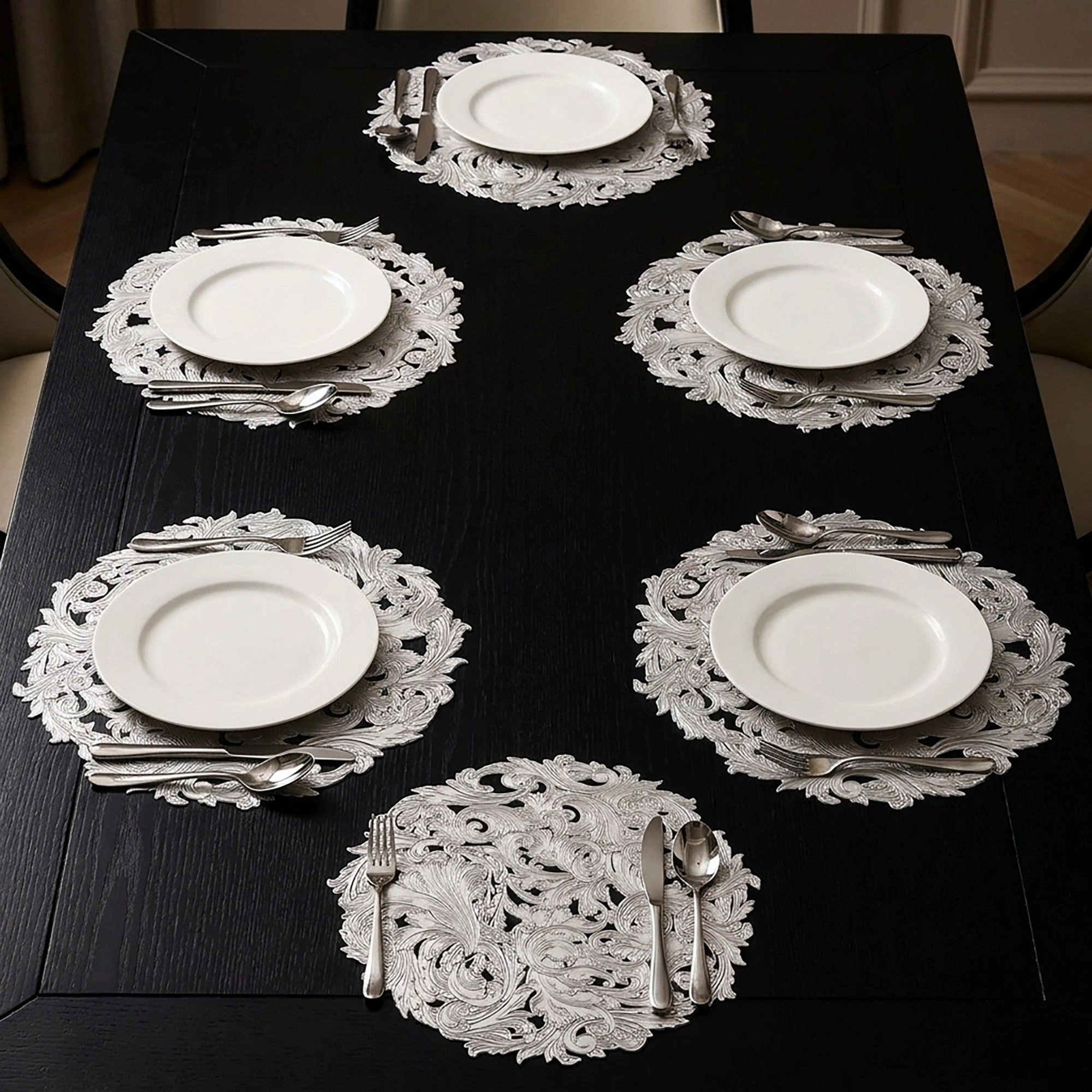 Alilang Unisex 4 Piece Round Lace Placemat Set Metallic PVC Decorative Heat Resistant Table Mats