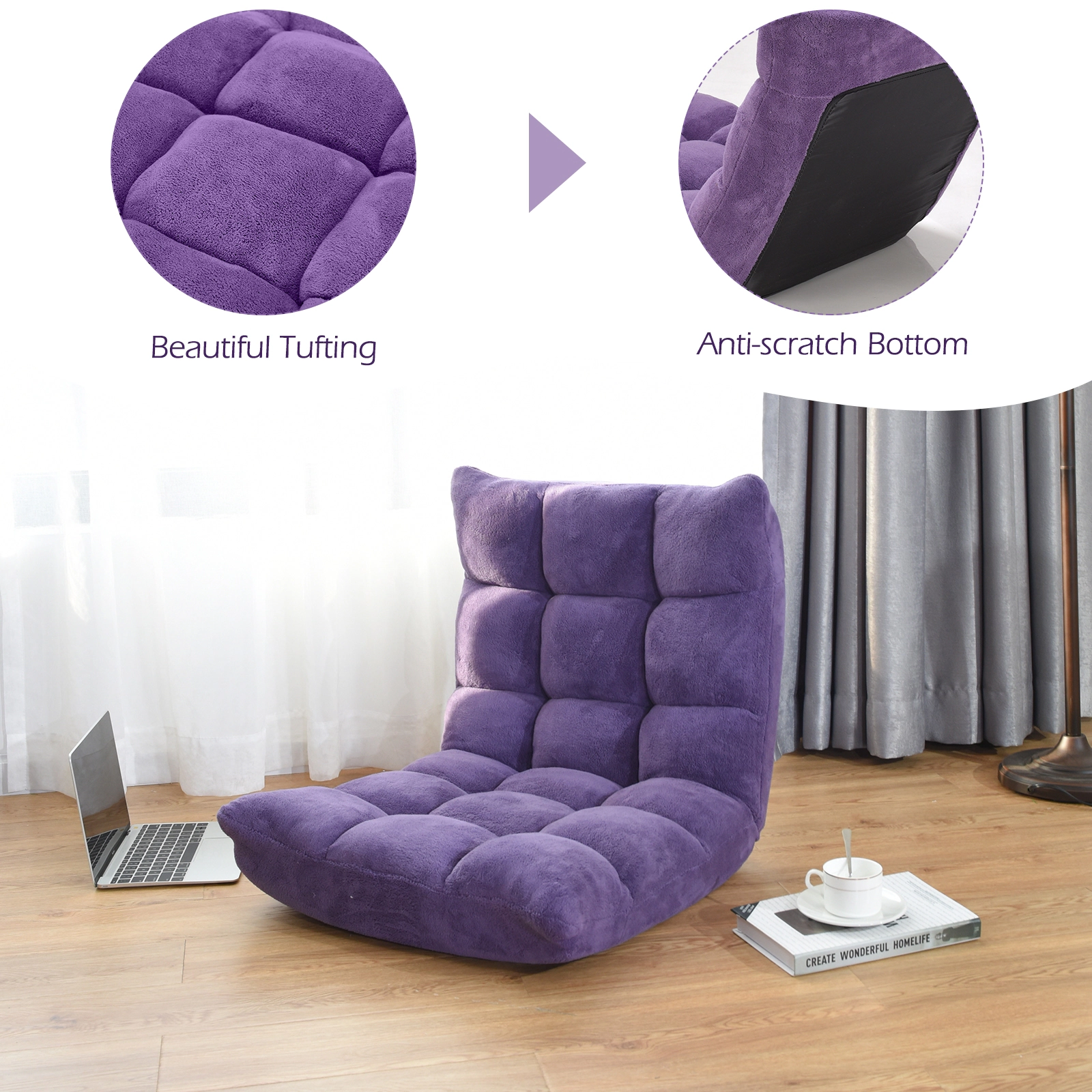 SUGIFT 14-Position Adjustable 200-lb Capacity Purple Cushioned Folding Floor Chair with Back Support