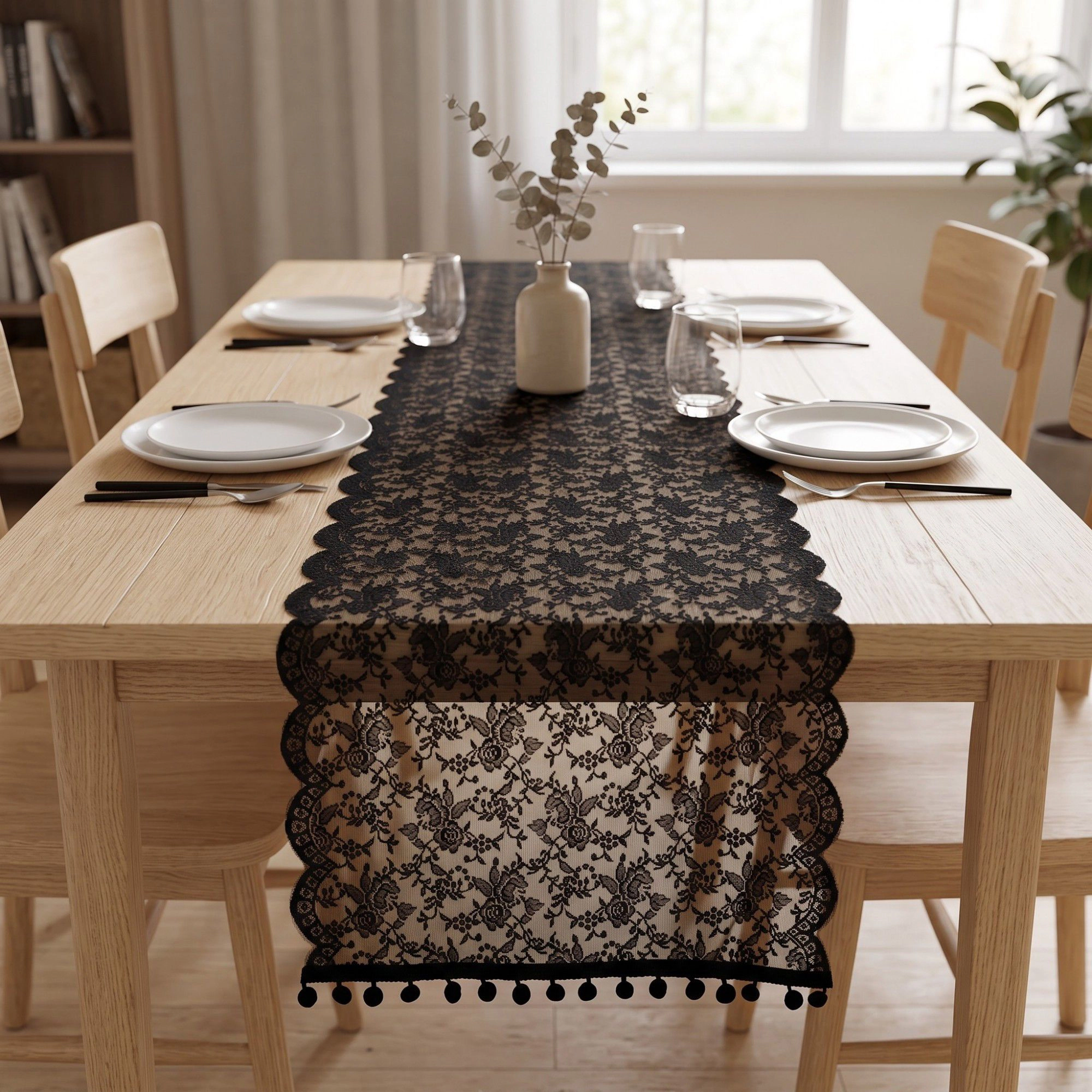 Alilang Women Floral Lace Table Runner with Scalloped Edges and Pom Trim 17.7x47in