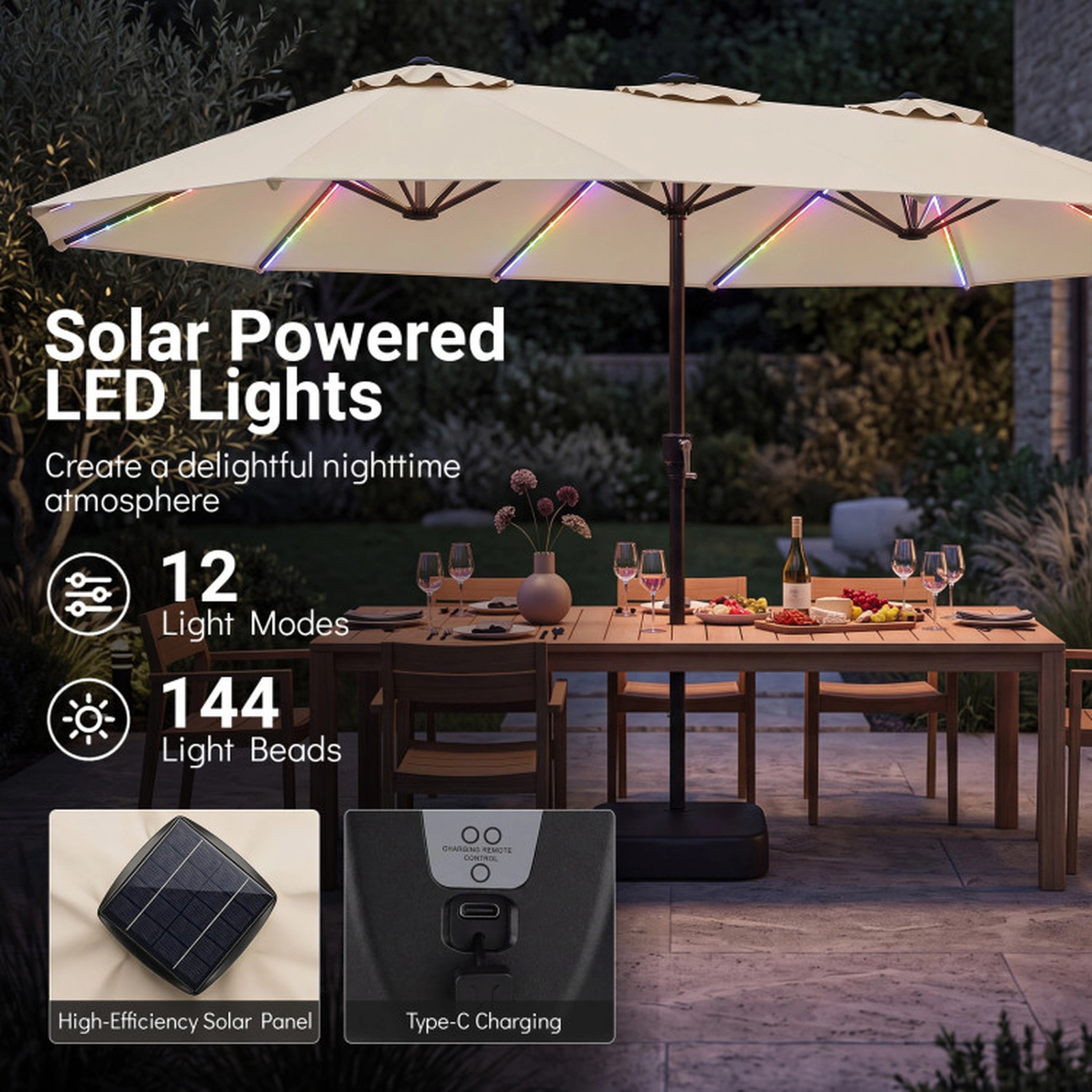 SUGIFT 144 Solar LED Lights and 12 Reinforced Ribs 15.5 FT Extra-Large Double-Sided Patio Umbrella