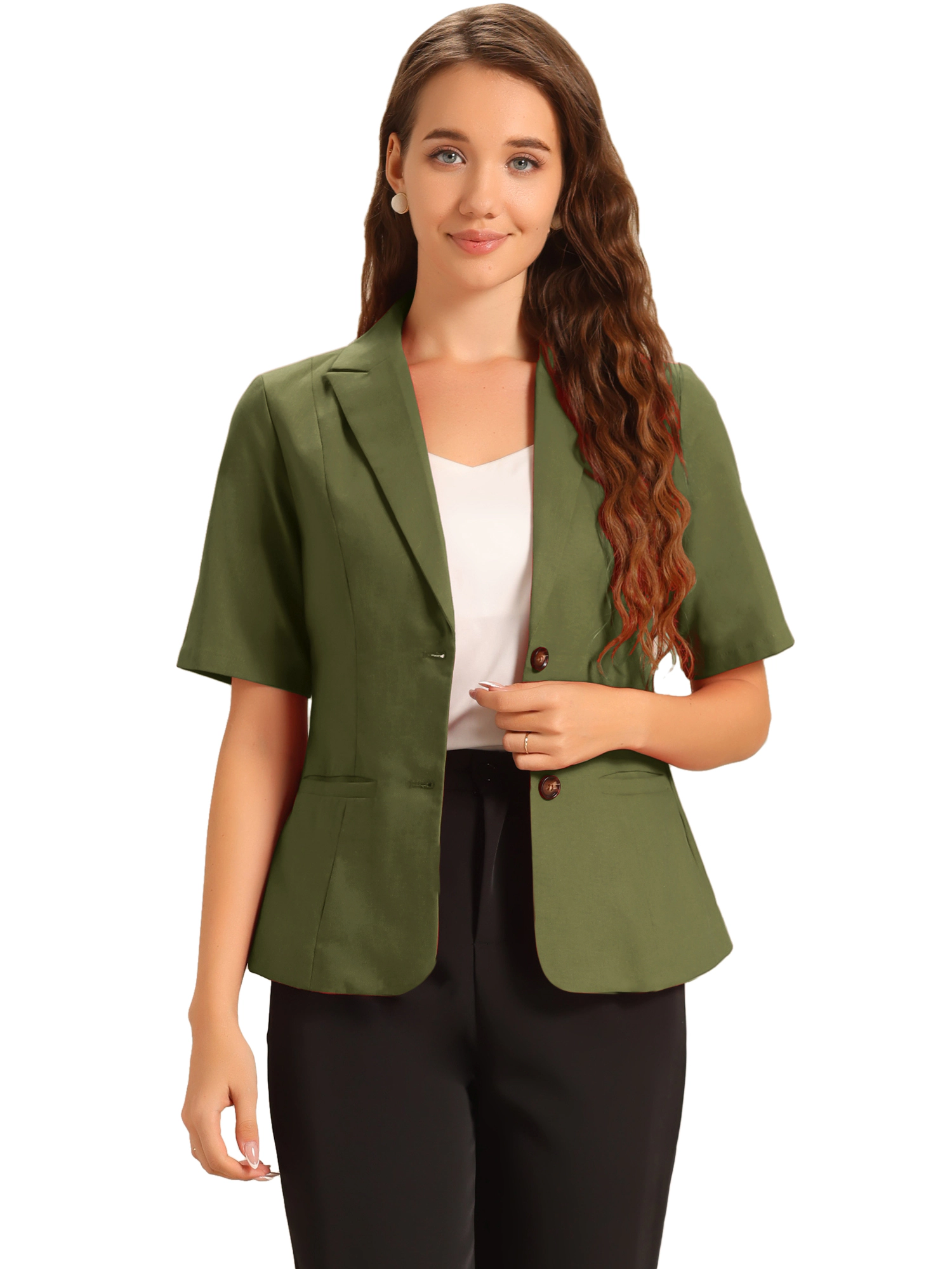 INSPIRE CHIC Women's Cotton Linen Button Office Business Short Sleeve Blazer