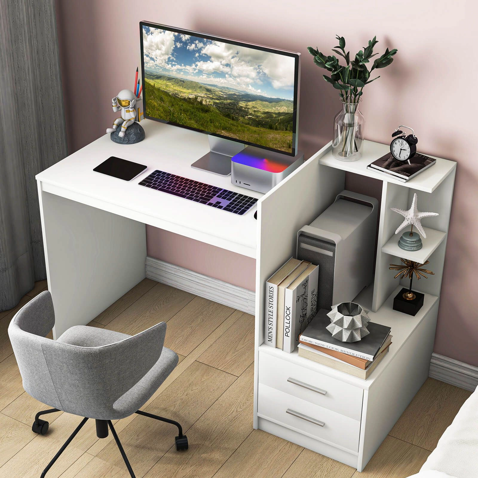 SlickBlue 51" Home Office Desk with Drawers and Corner Bookshelf
