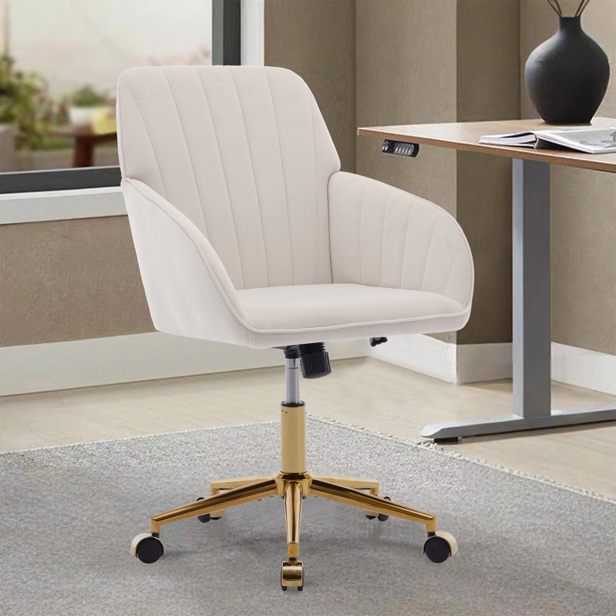 Platinum-Level Office Chairs TY Ergonomic Swivel Office Chair, Beige Velvet, Gold Base