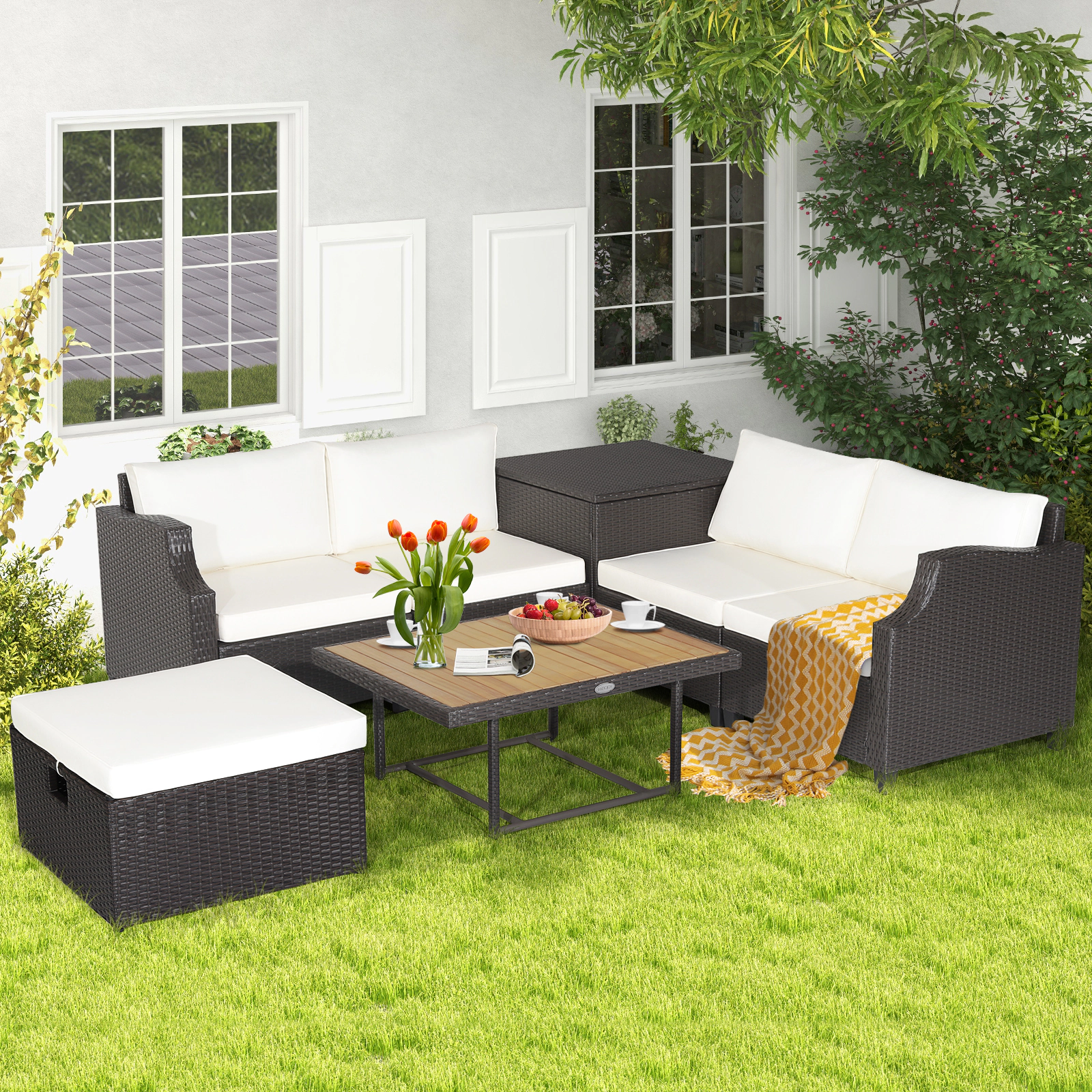 LJG 7 Pieces Hand-Woven Wicker Outdoor Furniture Set with Acacia Wood Coffee Table