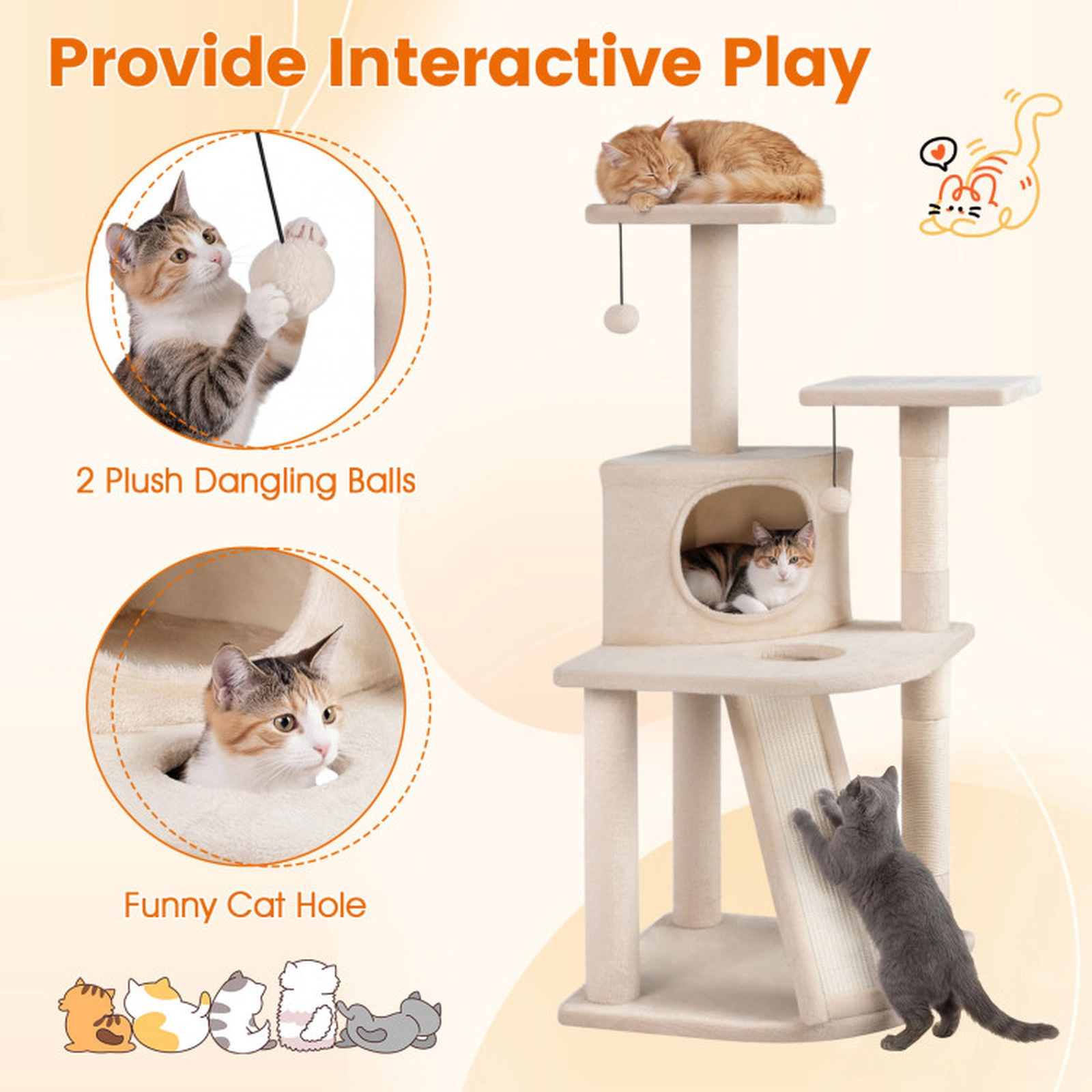 SUGIFT Multi-Level Cat Tree Tower with Condo Ramp and 2 Plush Perches 44-in Tall 22-lb Capacity Beige