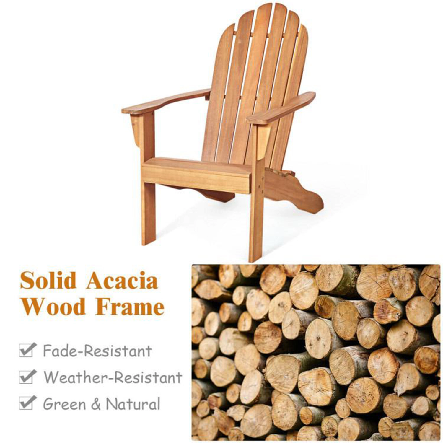 SUGIFT Natural Ergonomic Slatted Design Acacia Wood Outdoor Adirondack Chair