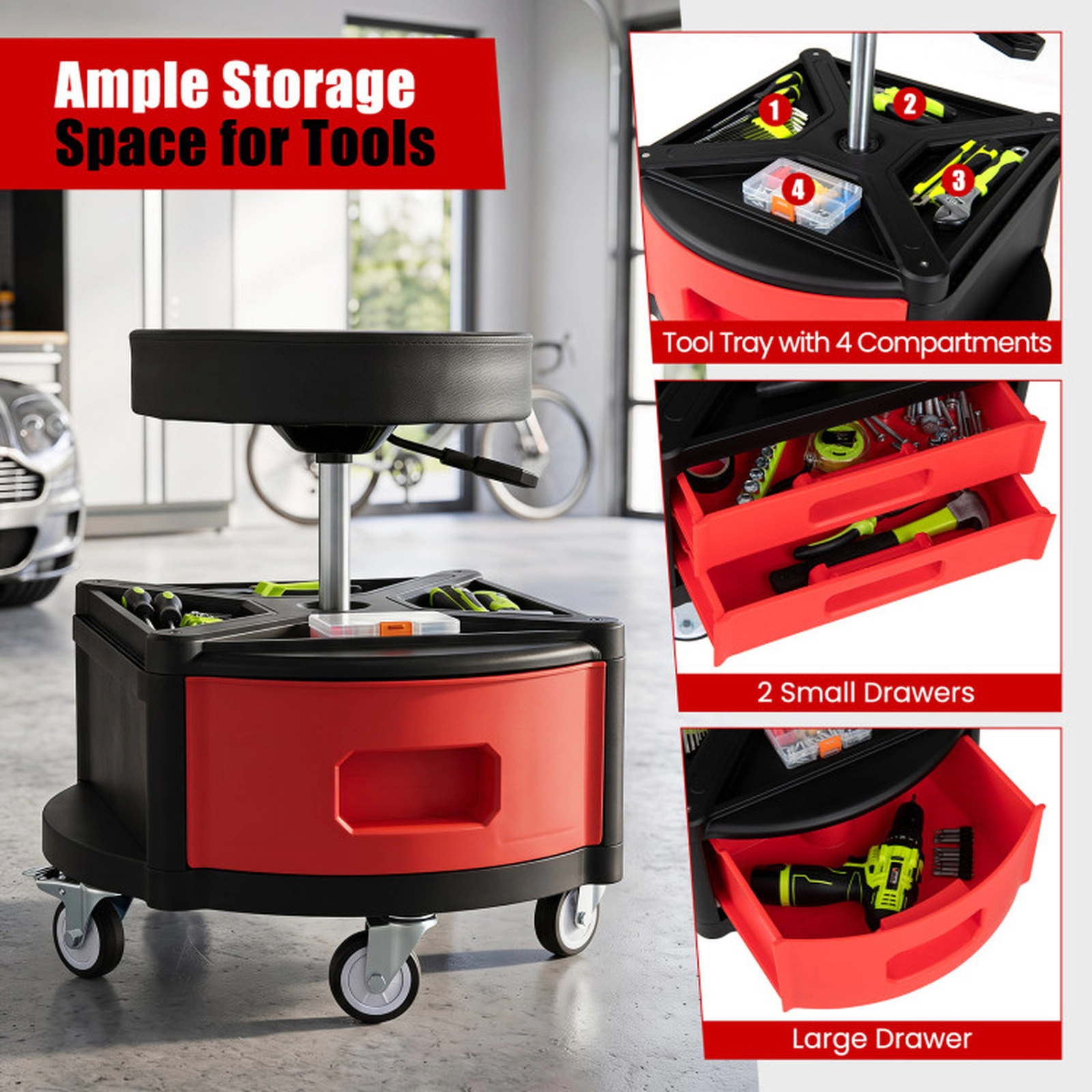 SUGIFT 330-lb Capacity Adjustable Rolling Work Stool with Dual Tool Trays 3 Drawers and 5 Wheels