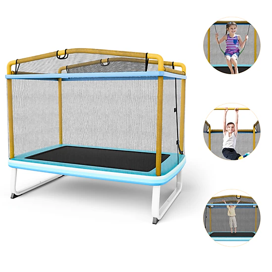 SUGIFT Kids 6-ft Rectangle Trampoline with Enclosure Net Swing and Horizontal Bar 75-in W 49-in D Orange