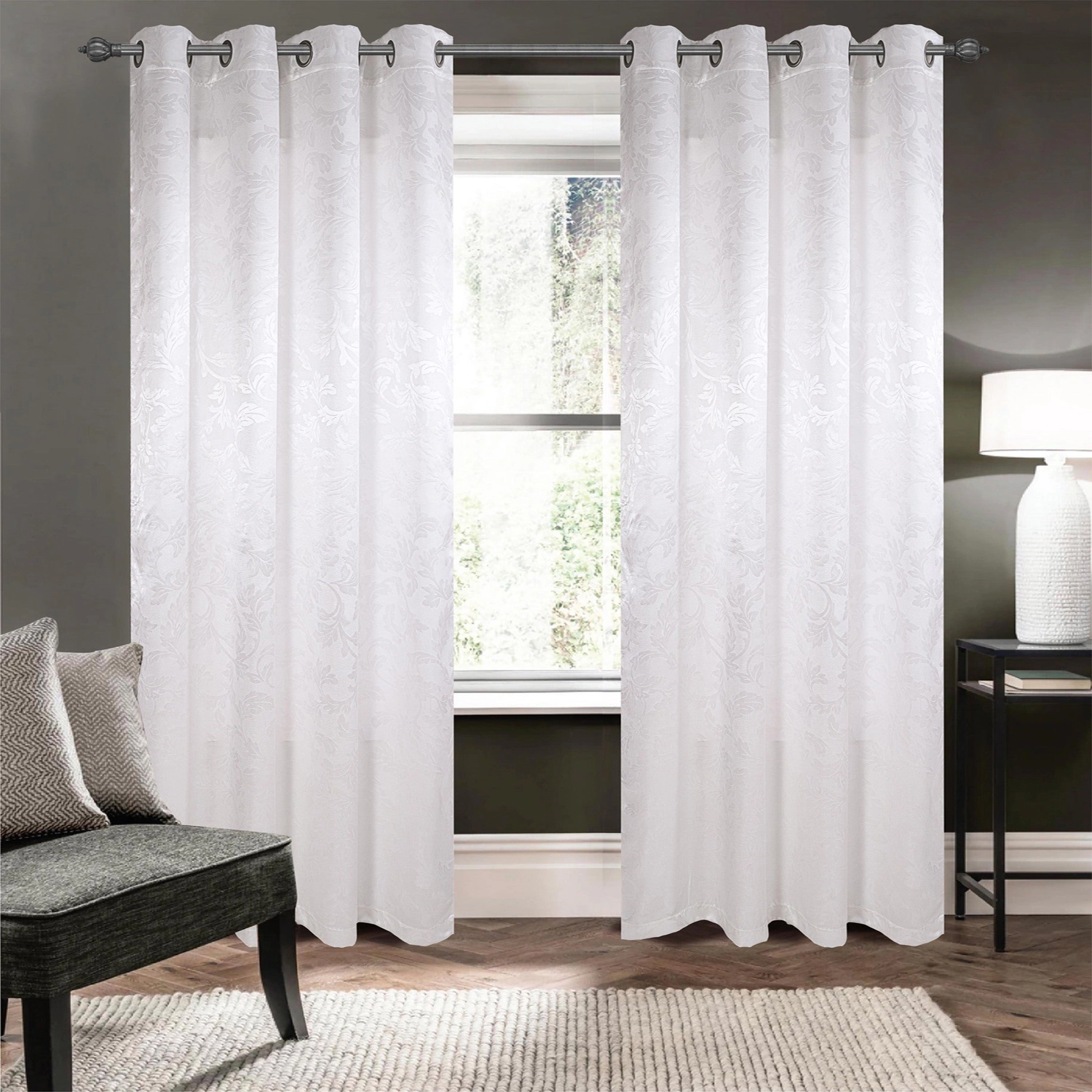 Olivia Gray 100% Polyester 200 GSM Dyson Embossed Blackout Grommet Curtain Panel 54" x 84" White