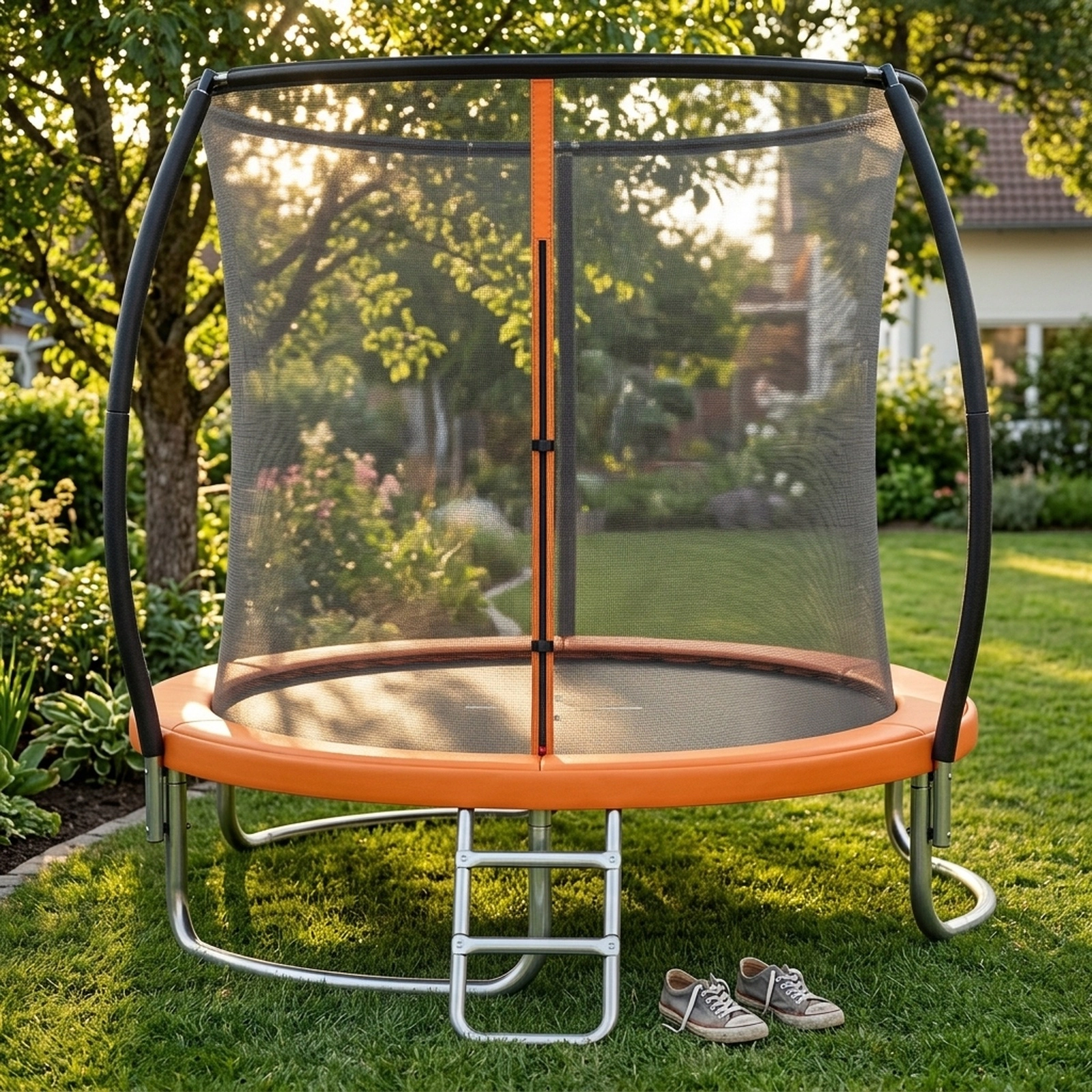 8-ft Trampoline Enclosure Net Ladder 880-lb Static Capacity Curved Legs Heavy-Duty Galvanized Trampoline Orange