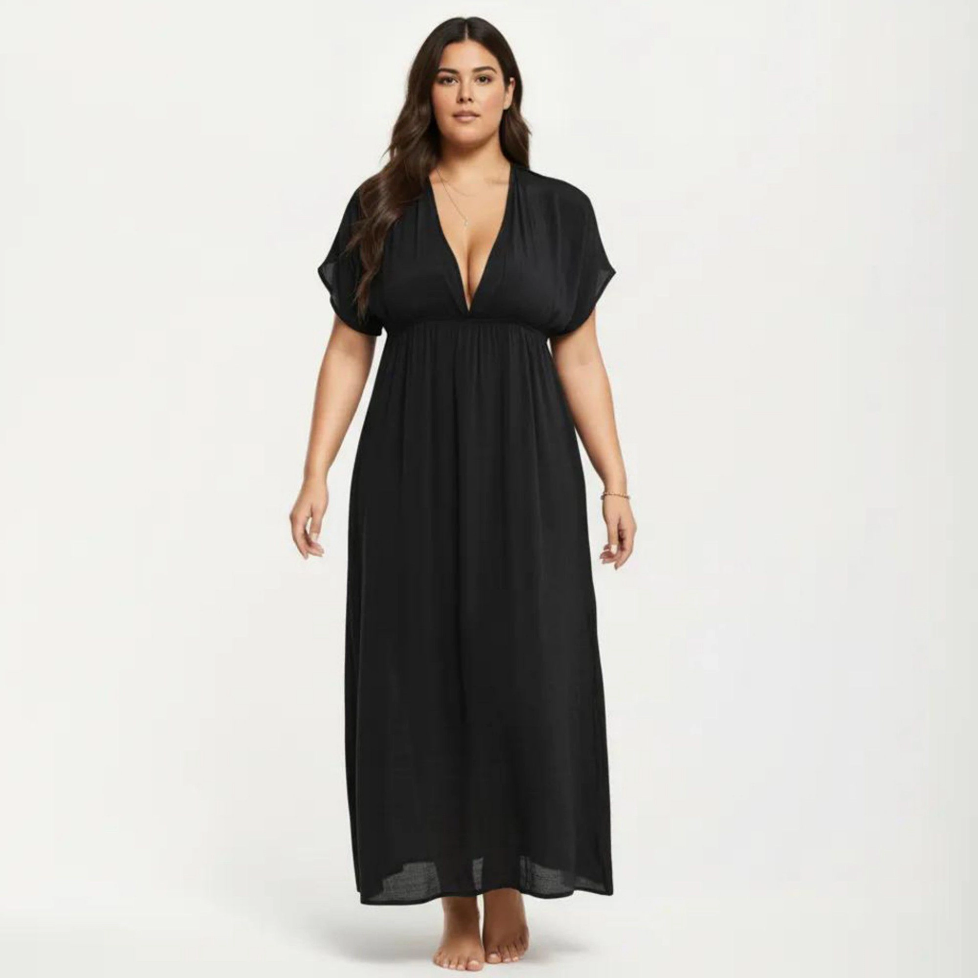 Anna-Kaci Women's Plus Deep V Neck Short Sleeve Loose Fit Flowy Maxi Dress