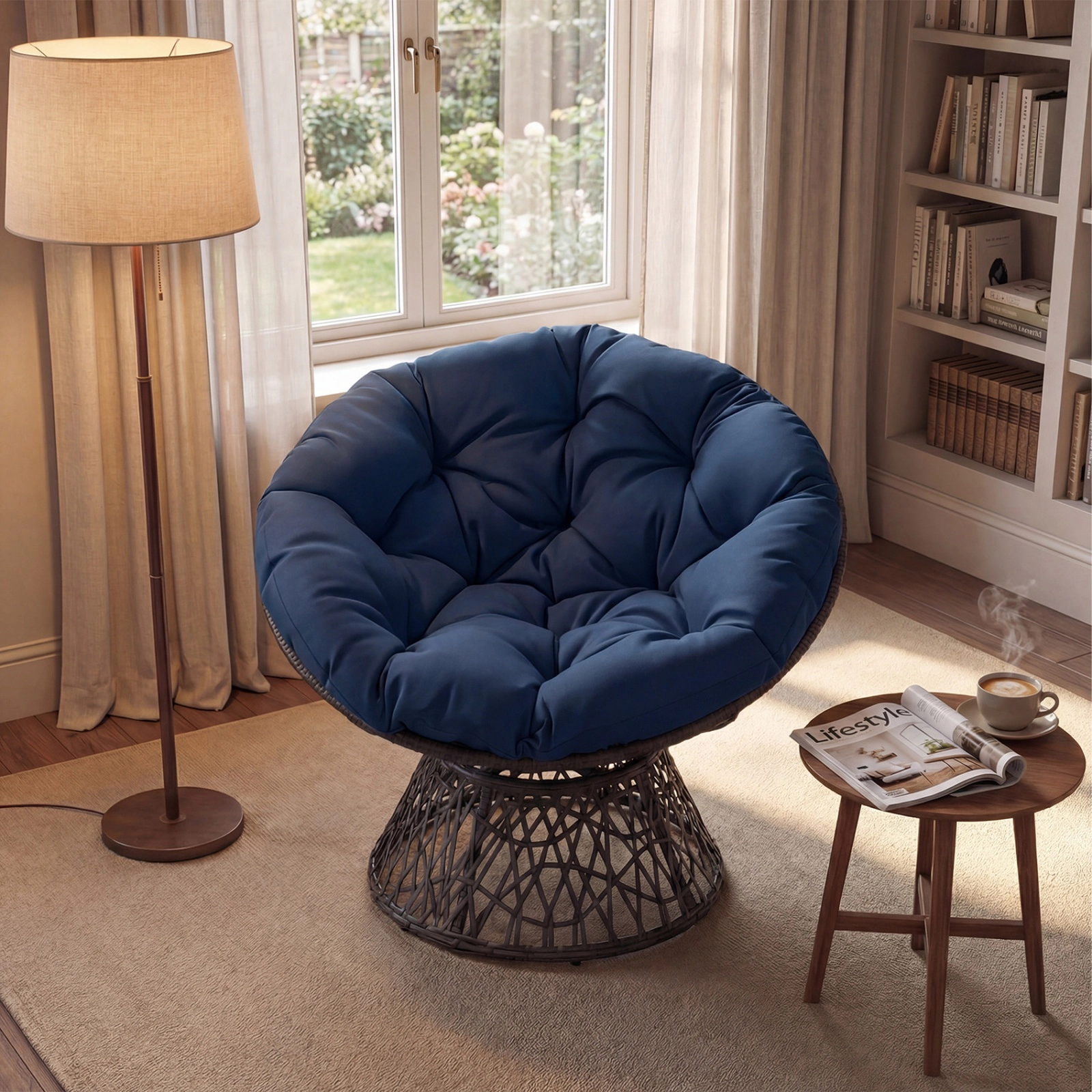 SUGIFT Navy Blue Swivel Papasan Chair, 350 lb Capacity, PE Rattan, 4-Inch Cushion