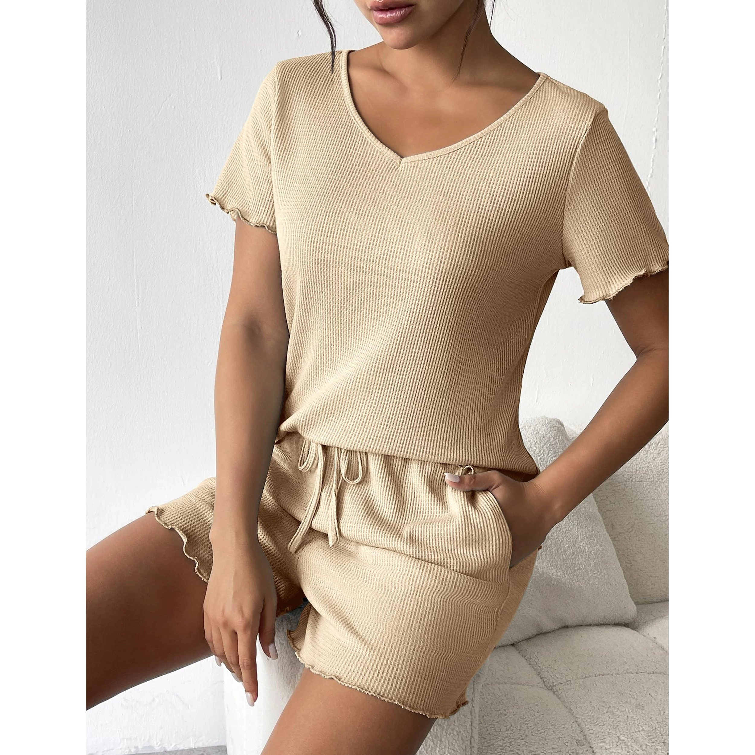 Ekouaer Womens Waffle Knit Short Sets 2 Piece Summer Sleeve Lounge Outfits with Pockets