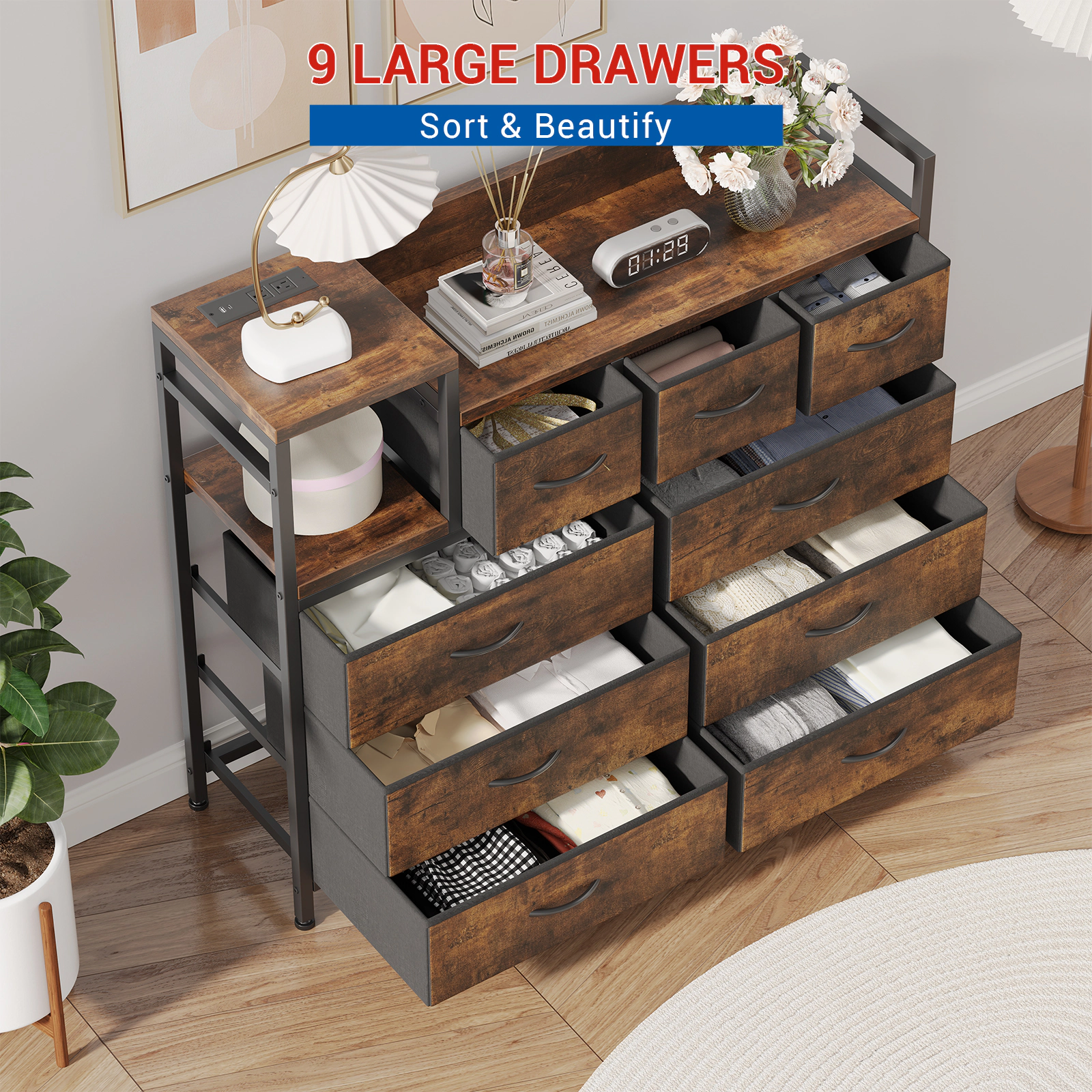 BebreezChic 9 Drawer Dresser with Charging Station and Wooden Top Metal Frame TV Stand