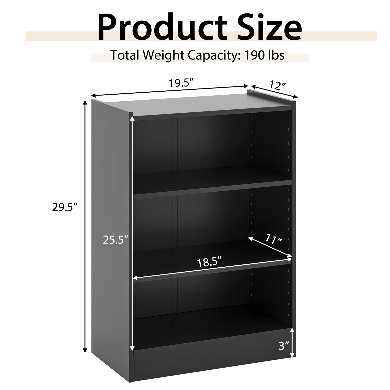 SUGIFT 3-Tier Black 29.5-in Small Bookshelf with 18-Position Adjustable Shelves and Open Display Rack
