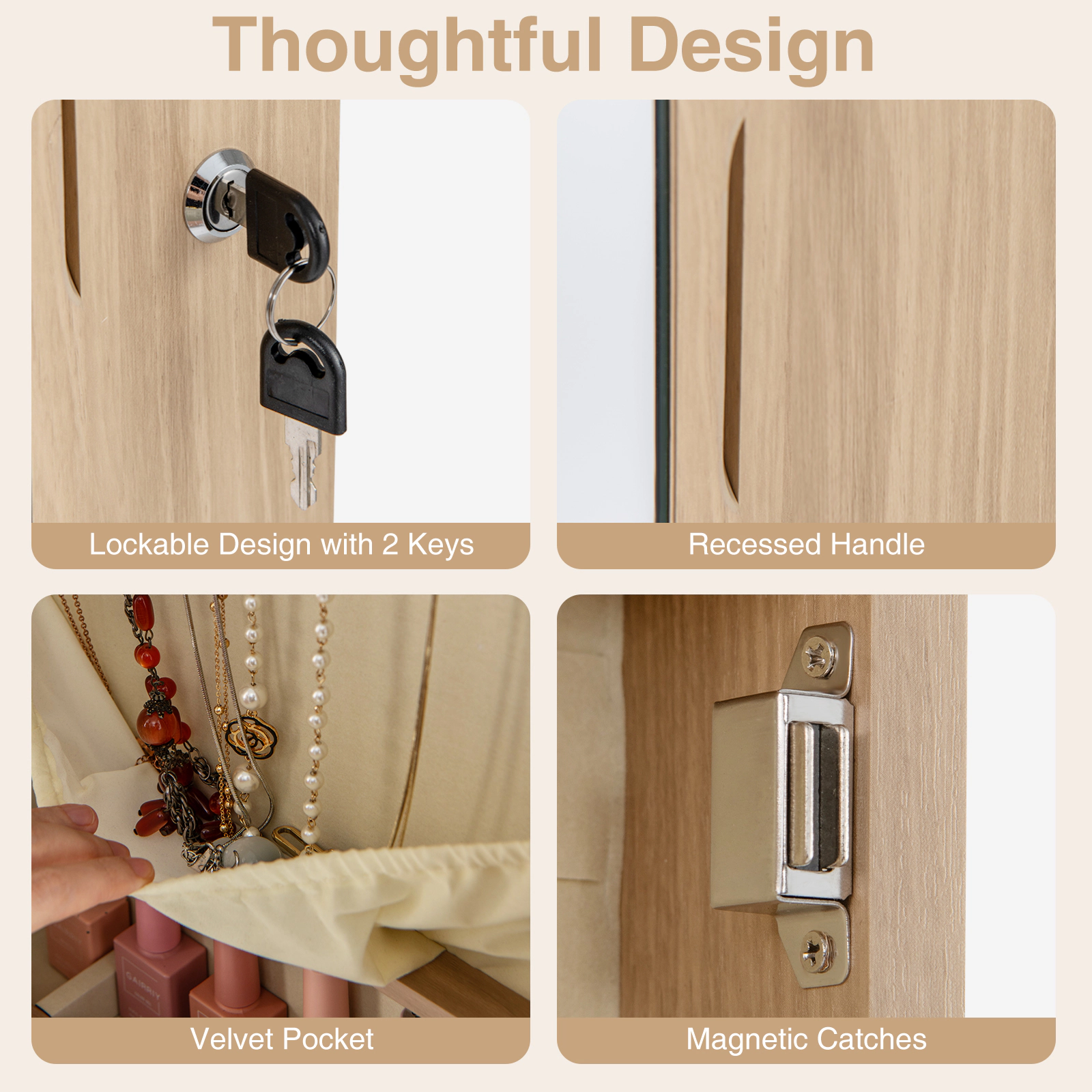 SUGIFT 54.5-in Natural Wall and Door Mounted Jewelry Organizer Cabinet with 36 Hooks and Auto LED Lights