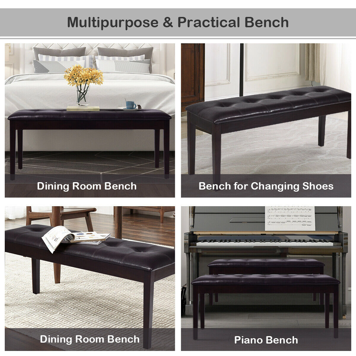 Glintex 46-Inch Button-Tufted PU Bench with Solid Rubberwood Legs, Brown