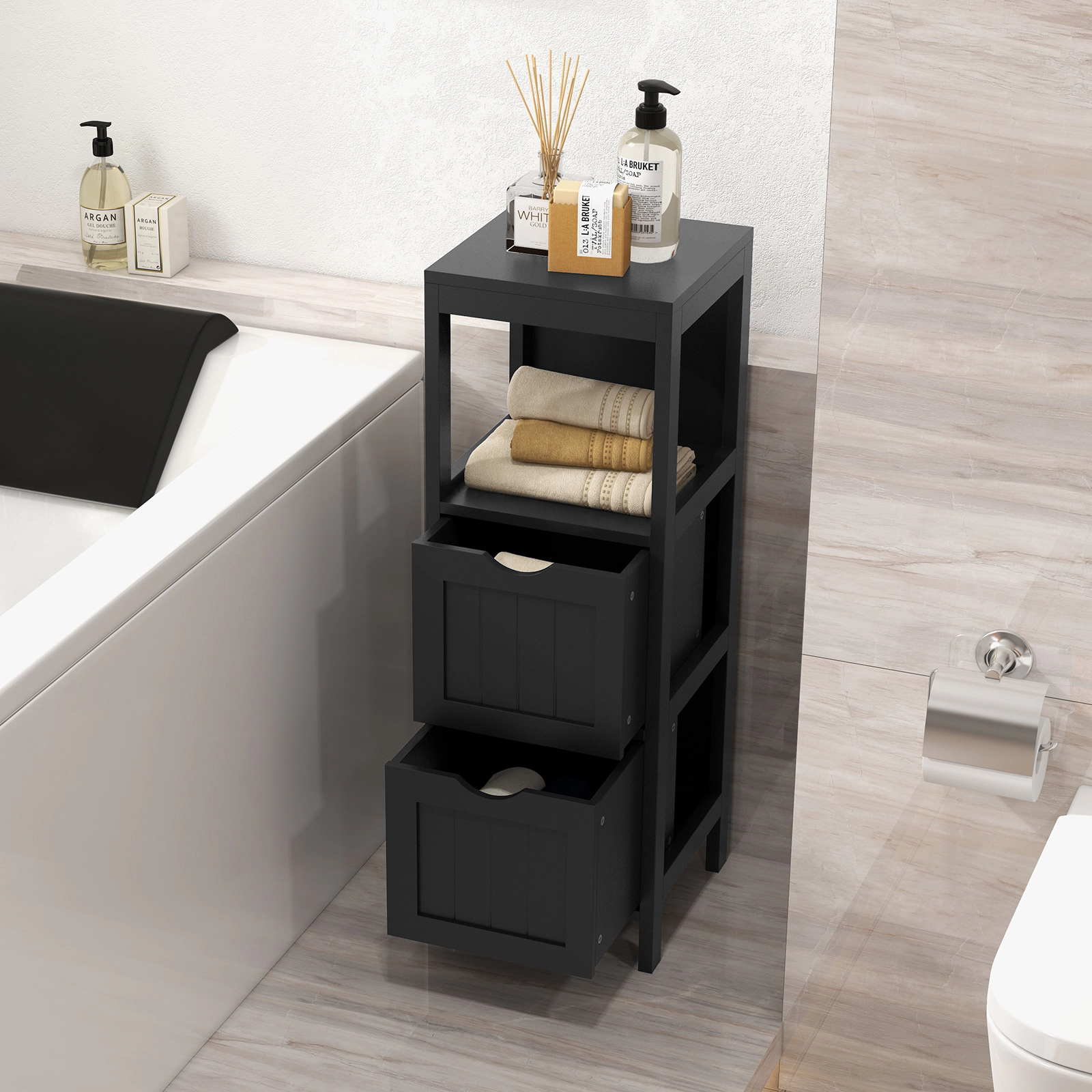 SlickBlue Bathroom Floor Cabinet with Drawers and Open Shelf
