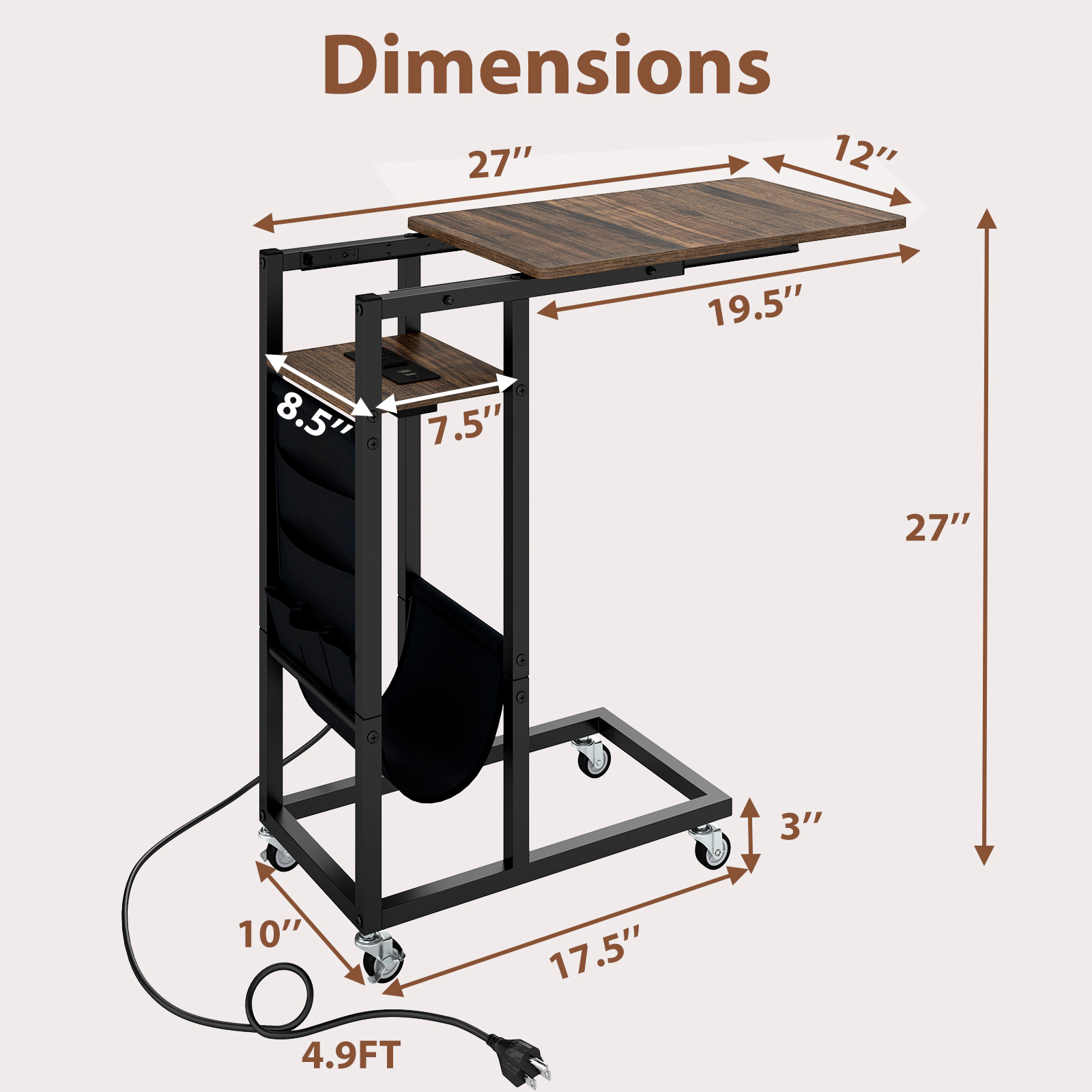 SUGIFT C-Shaped End Table Coffee with Charging Station Retractable Top and Wheels
